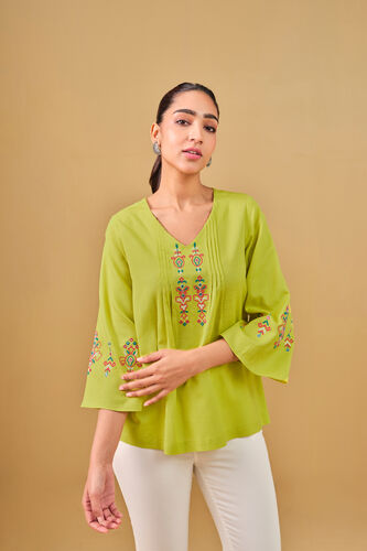 Pleated Lime Green Embroidered Top, Lime, image 1