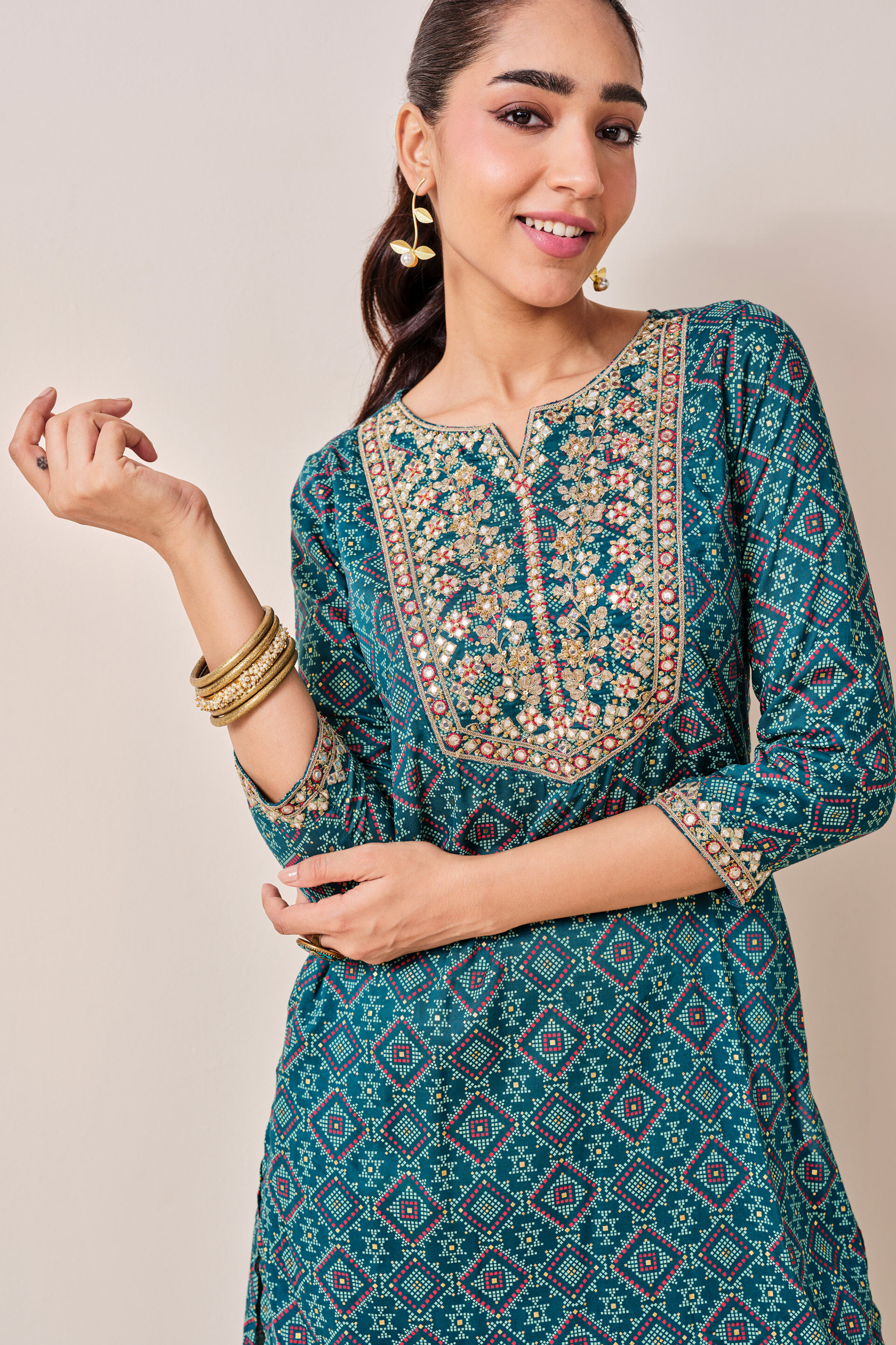 Teal Embroidered Viscose Kurta Set, Teal, image 4