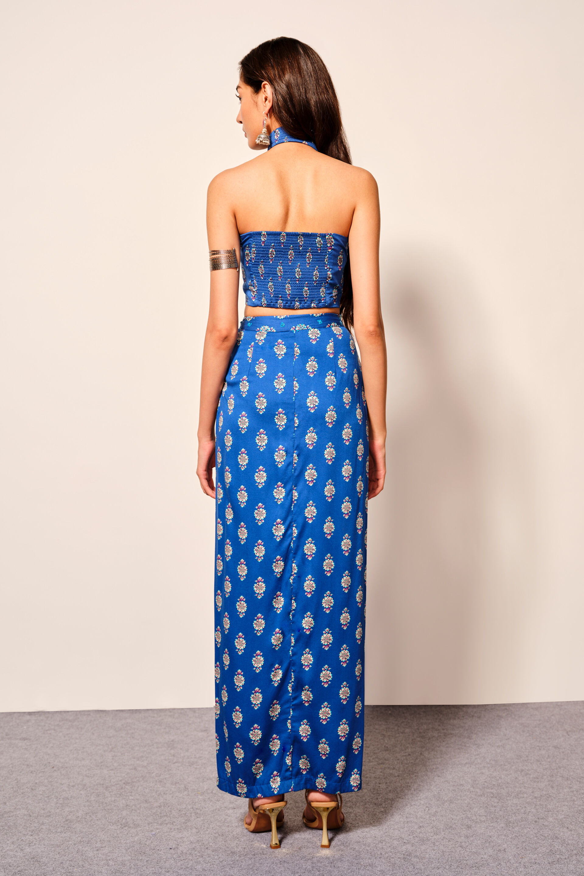 Blue Viscose Draped Skirt & Halter Top Set, Blue, image 3