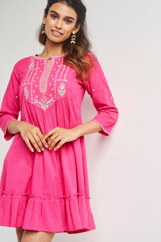 Pink Solid Flared Dress, Pink, image 3