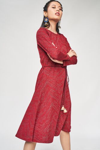 3 - Maroon Embroidered Round Neck Fit and Flare Dress, image 3
