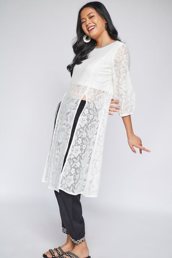 2 - White Solid A-Line Kurta, image 2