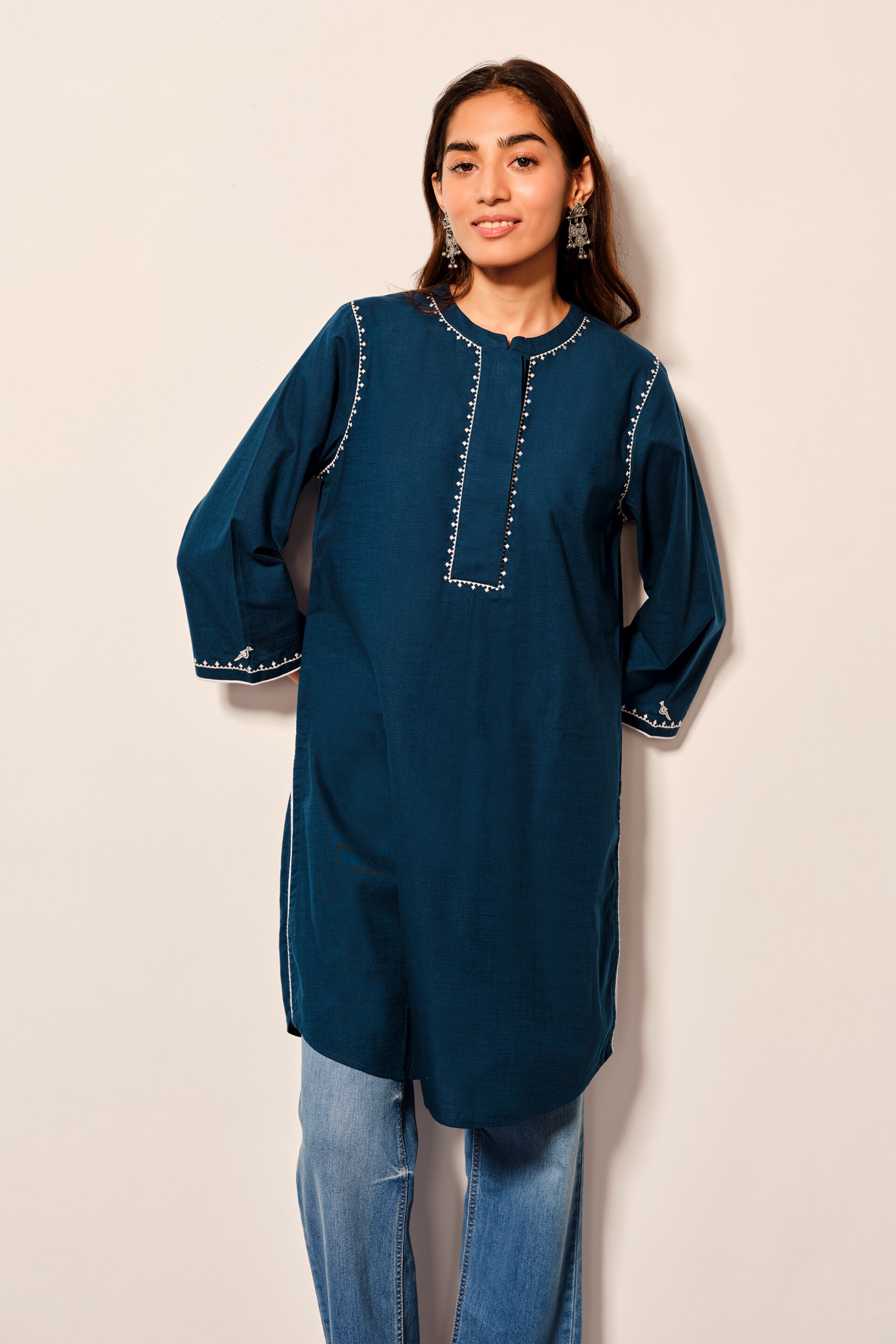 Indigo Blue Cotton Tunic WIth Bell Sleeves, Blue, image 2