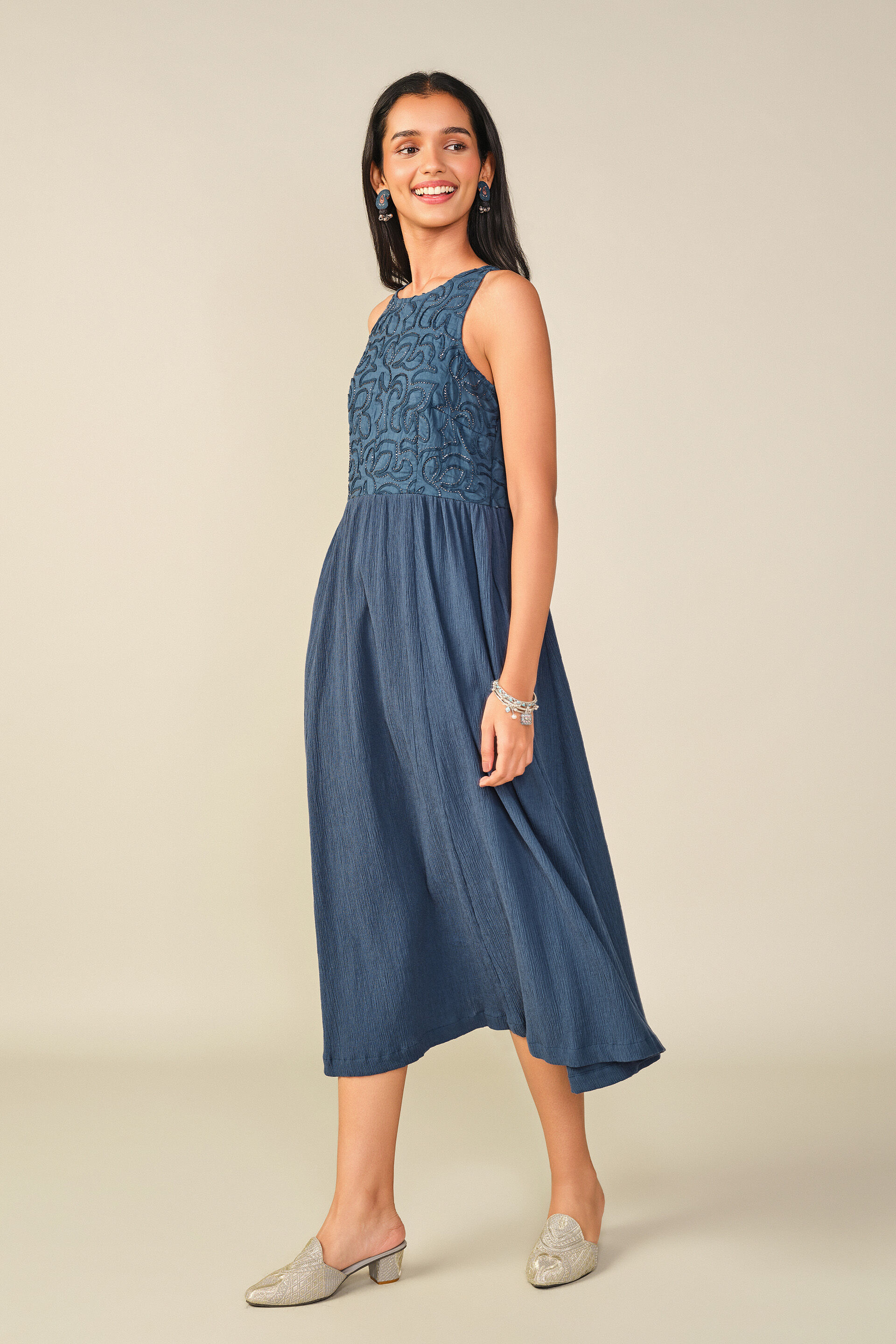 Embroidered Cotton Halter Midi Dress in Indigo, Indigo, image 4