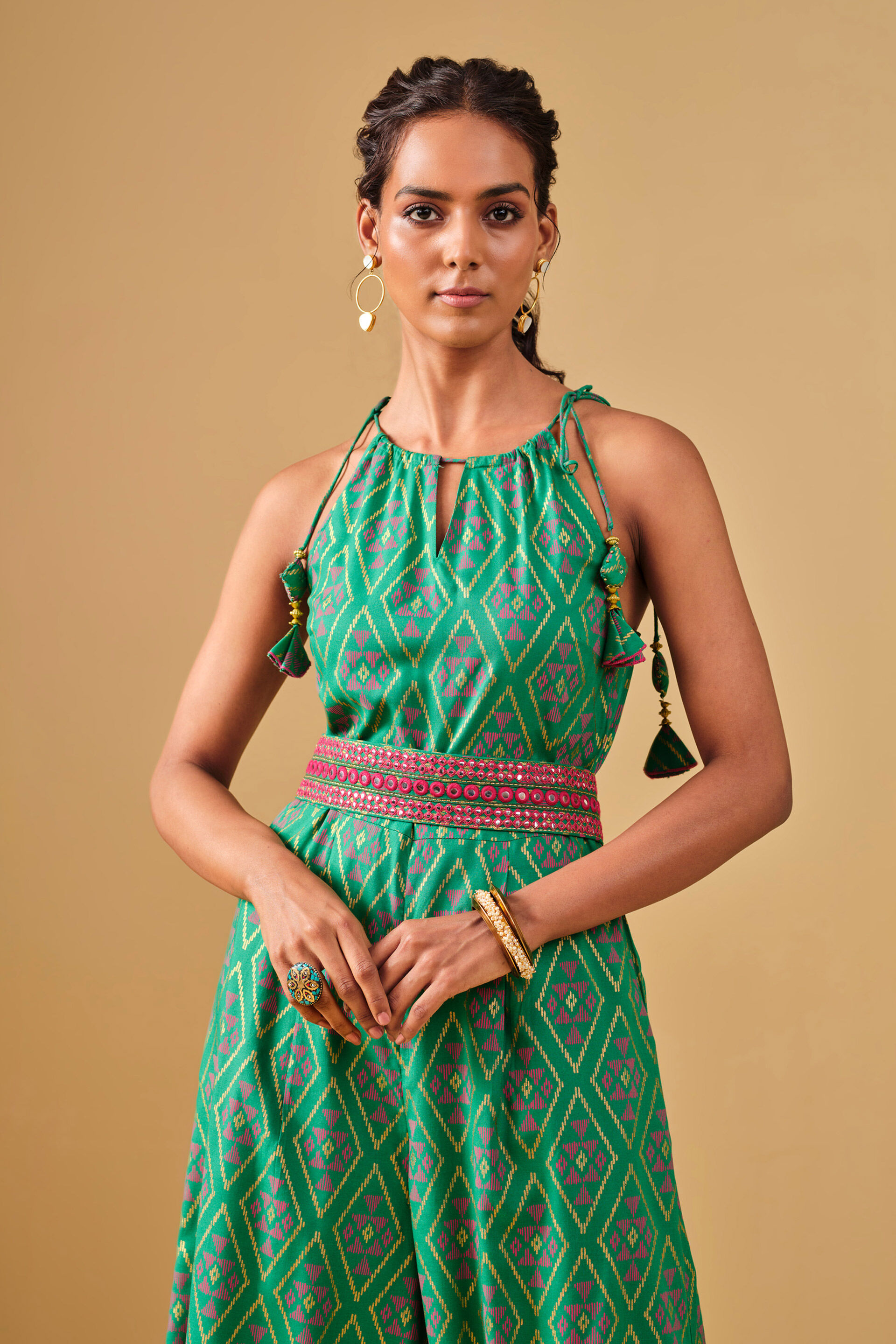 Festive Green Geometric Printed Viscose Jumpsuit, Green, image 10