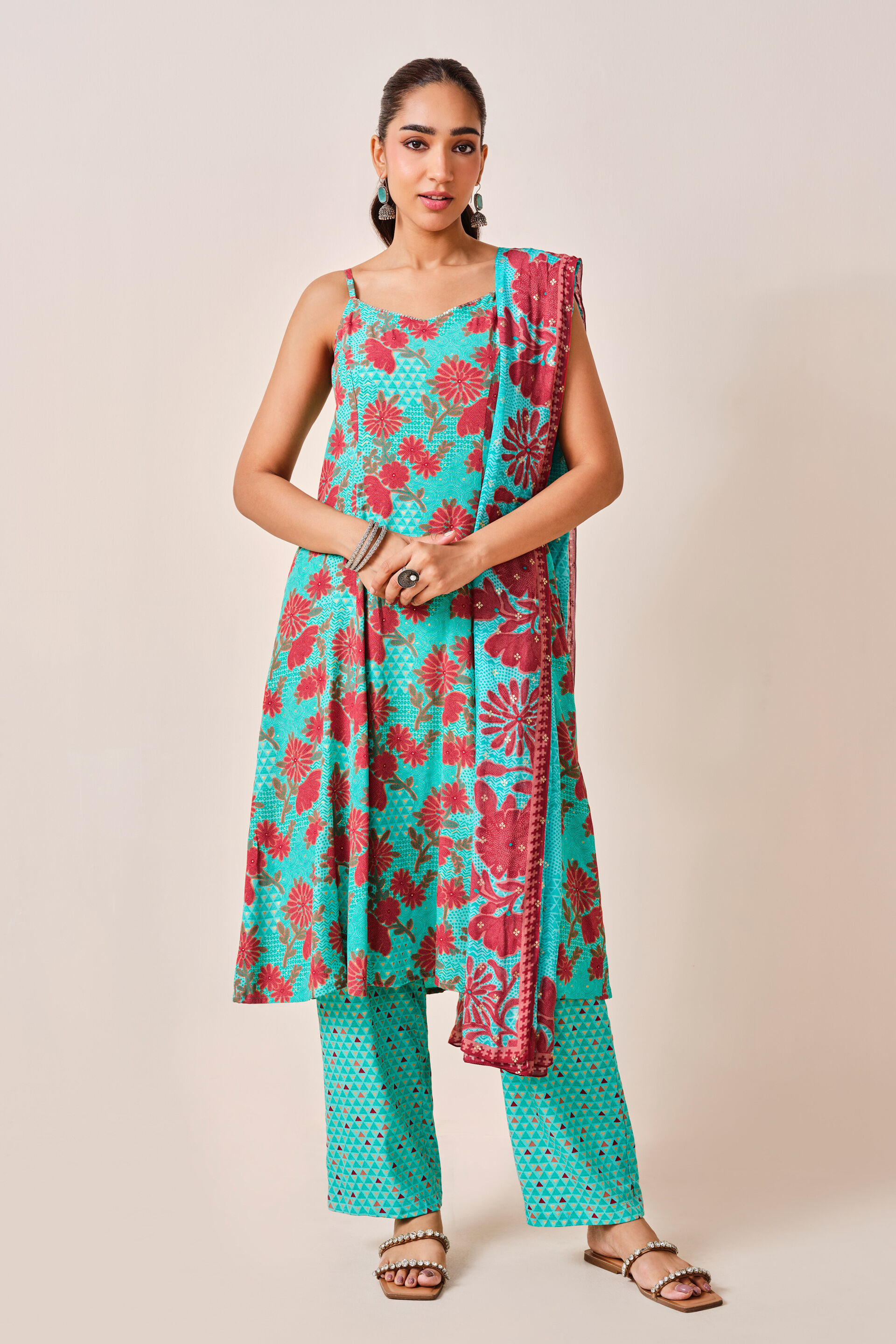 Aqua Floral Print Viscose Set , Aqua, image 7
