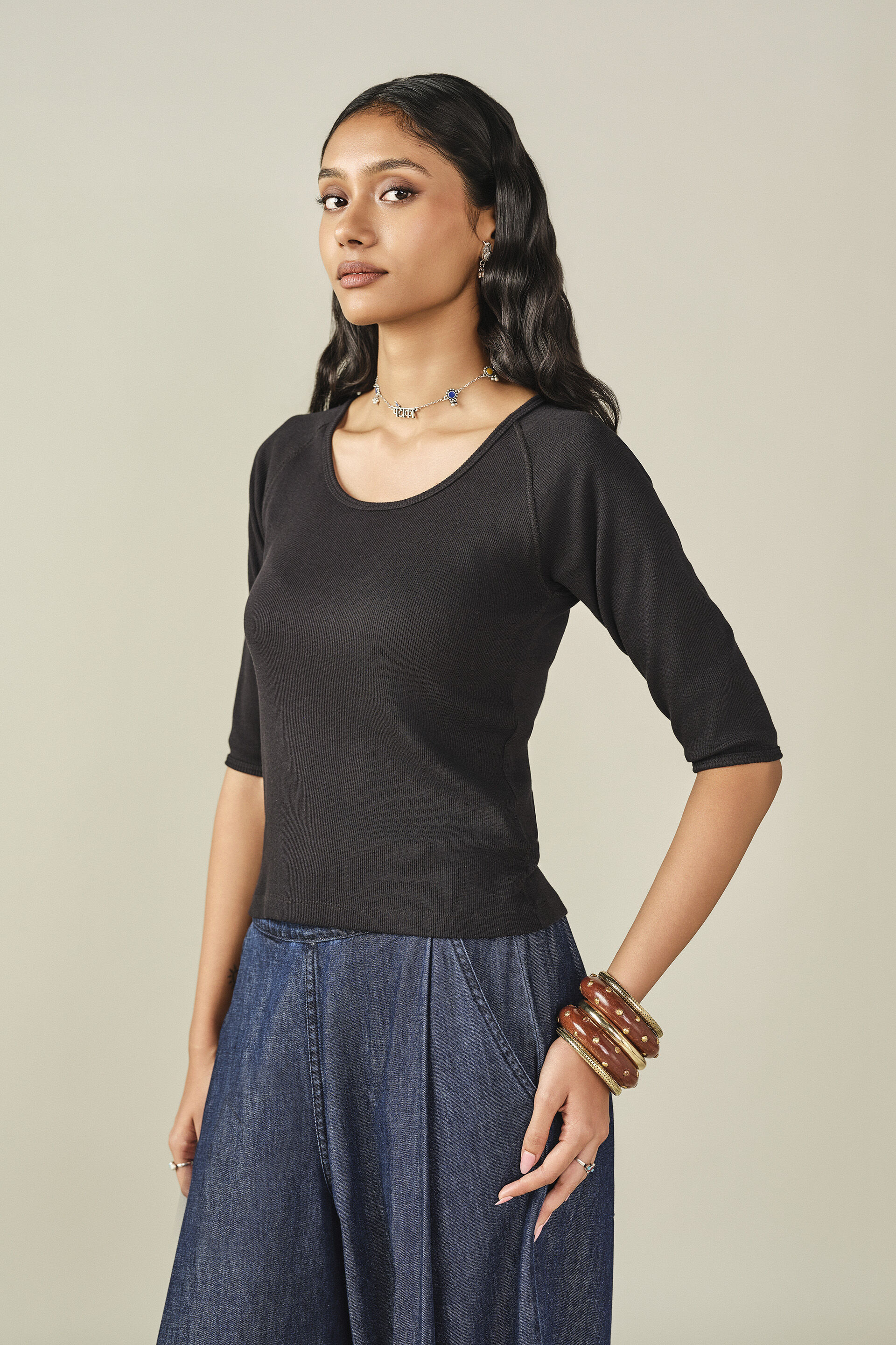 Solid Scoop Neck Top in Black, Black, image 3