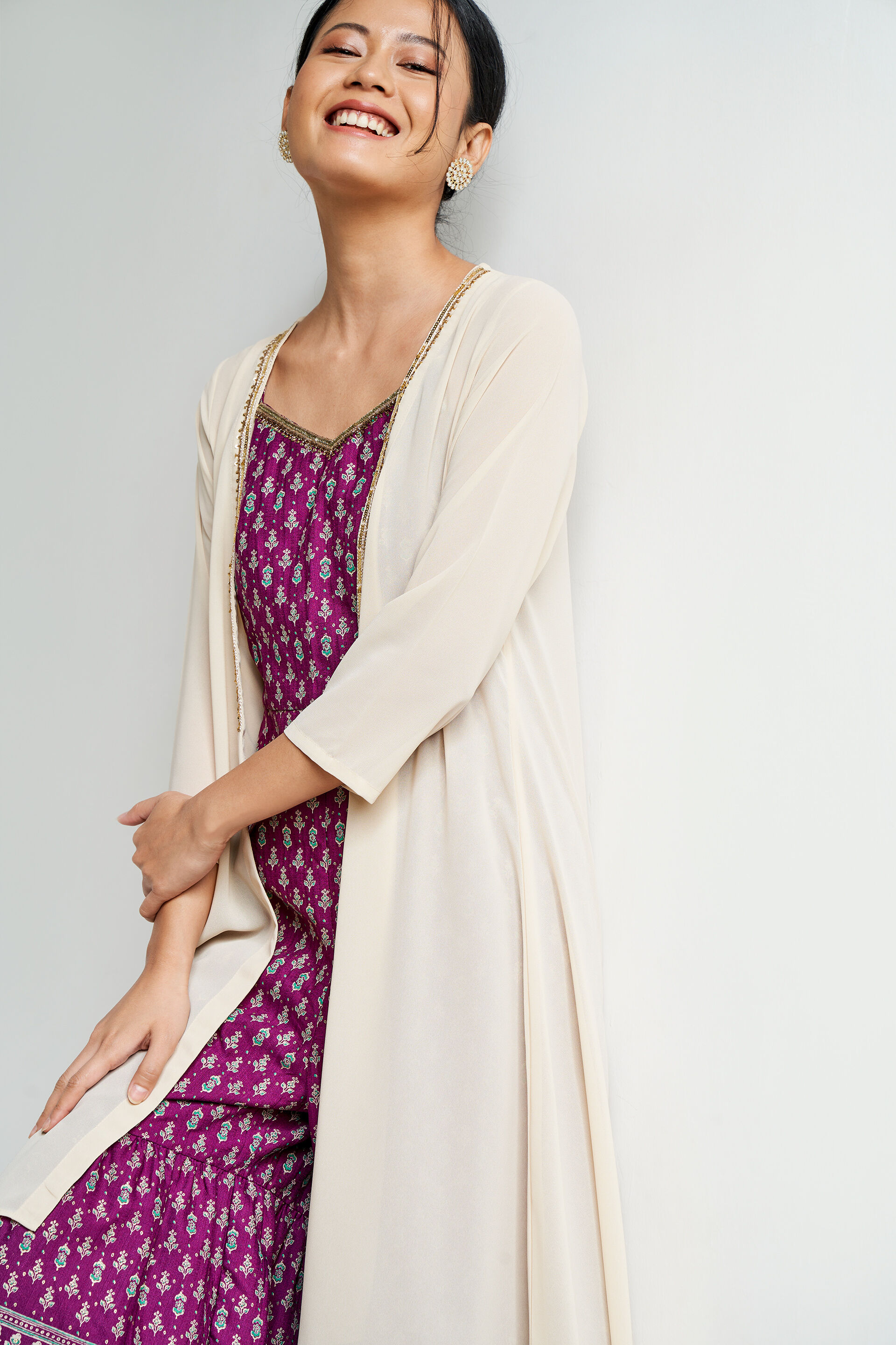 Beige Solid Embroidered Shirt Style Shrug, Beige, image 5