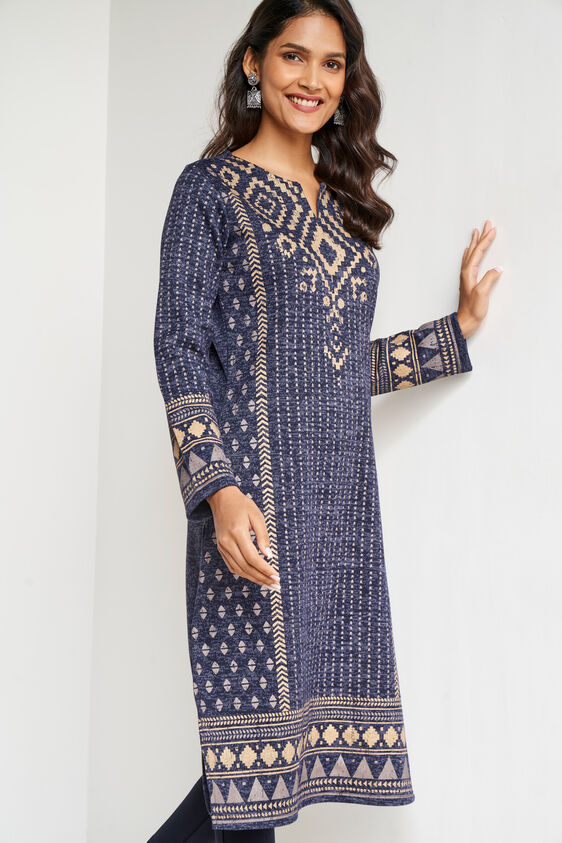 Navy Blue Foil Print Straight Slip-On Kurta, Navy Blue, image 4