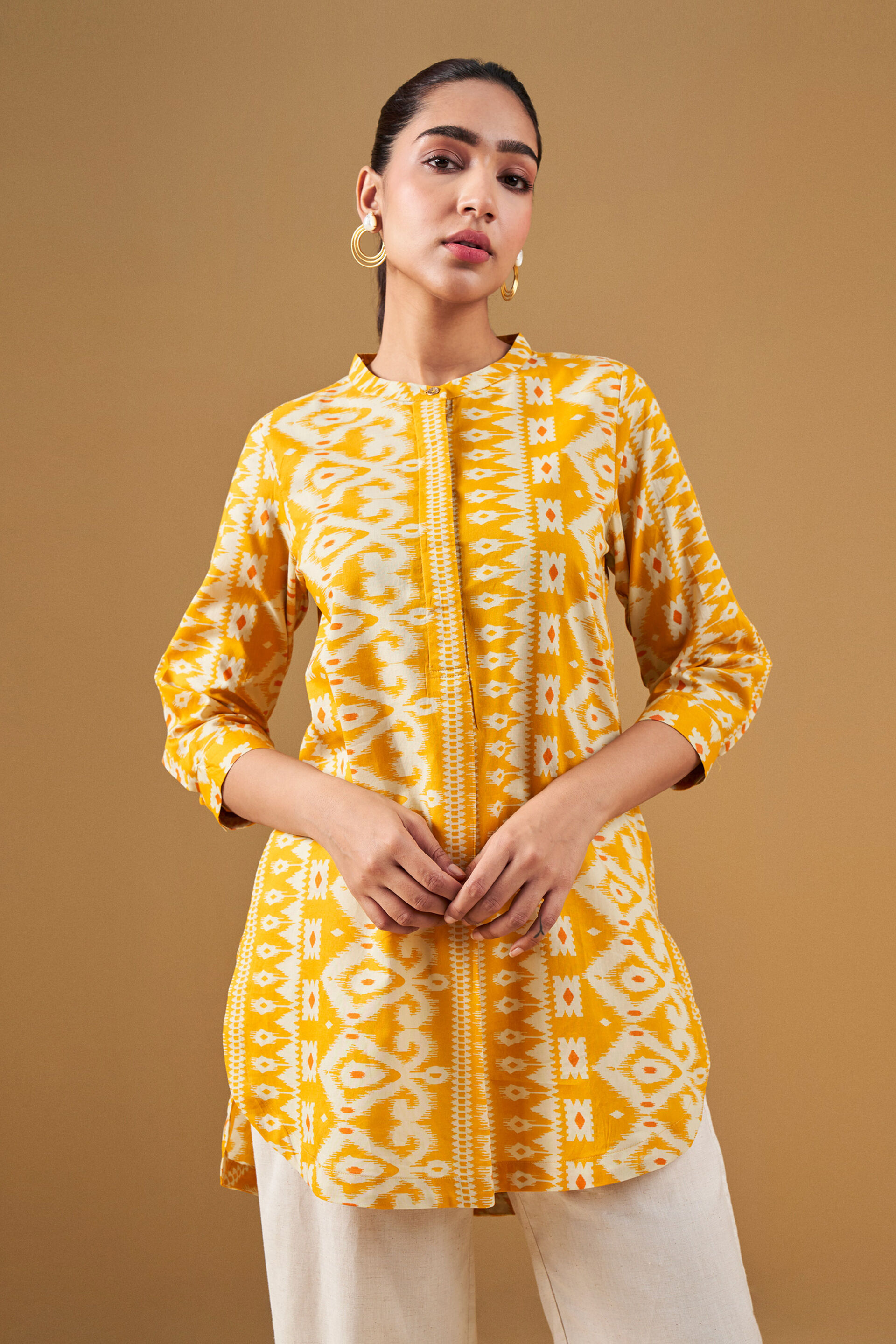 Ikat Print Cotton Yellow Tunic, Yellow, image 2