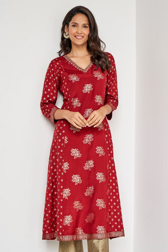 Red Foil Print Flared Slip-On Kurta, Red, image 1