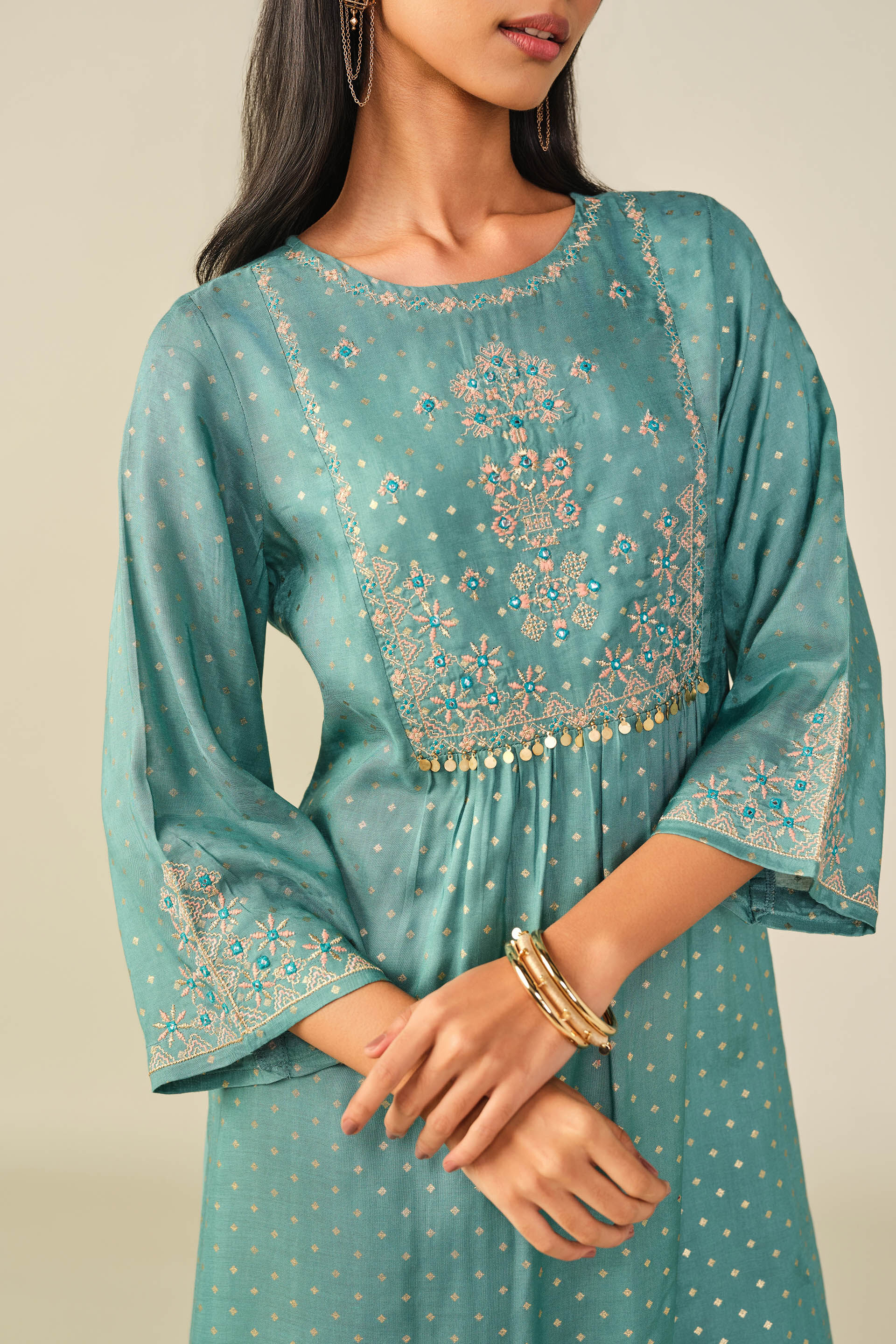 A-Line Embroidered Kurta in Teal, Teal, image 2