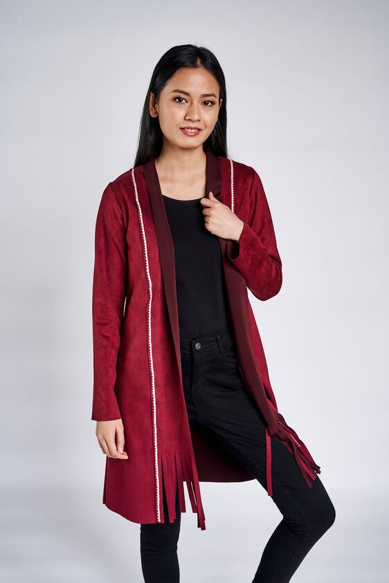 2 - Maroon Fringed Sheath Longline Shrug, image 2