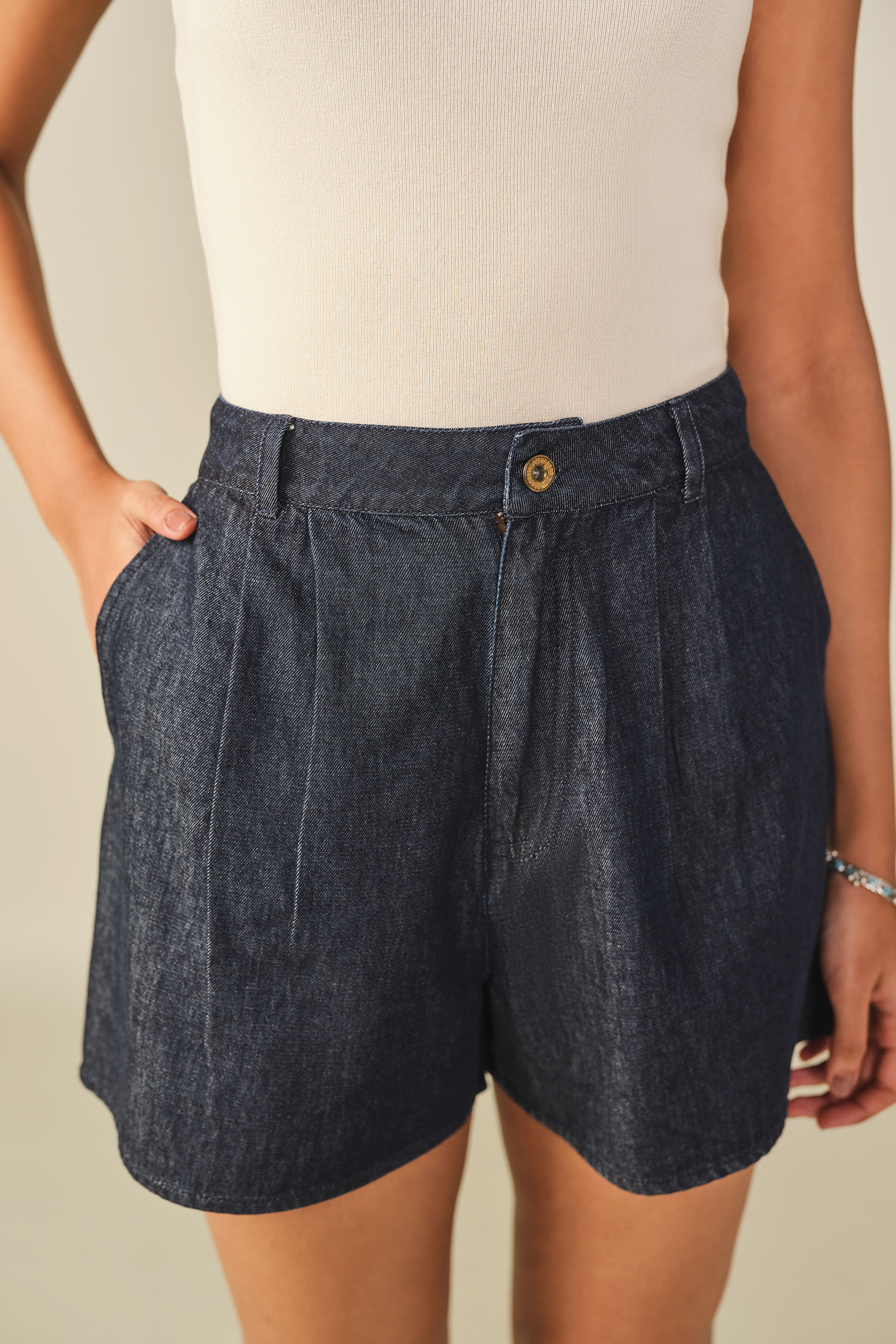 Solid Denim Pleated Shorts in Indigo, Indigo, image 2