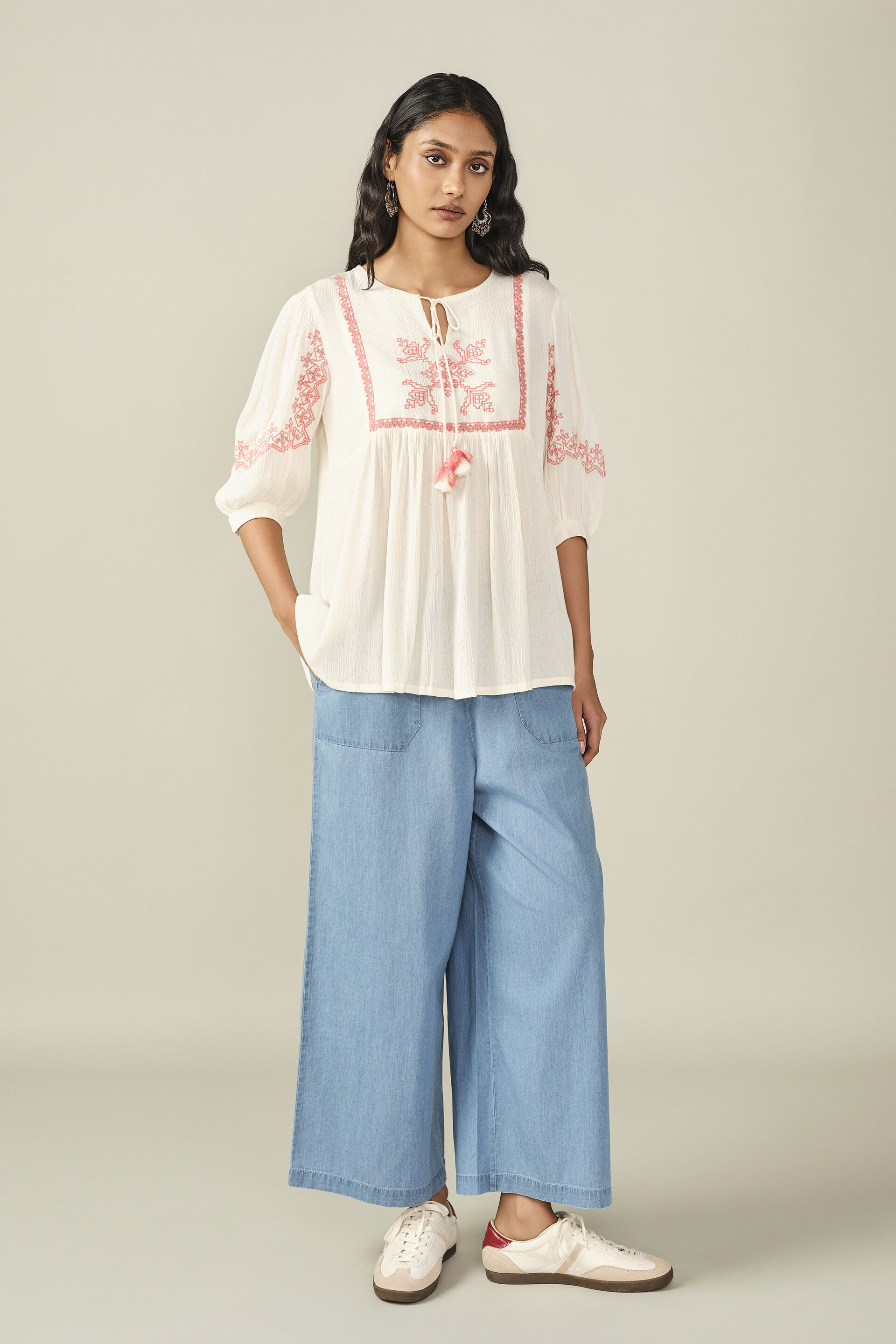 Embroidered Yoke Top in White, White, image 3