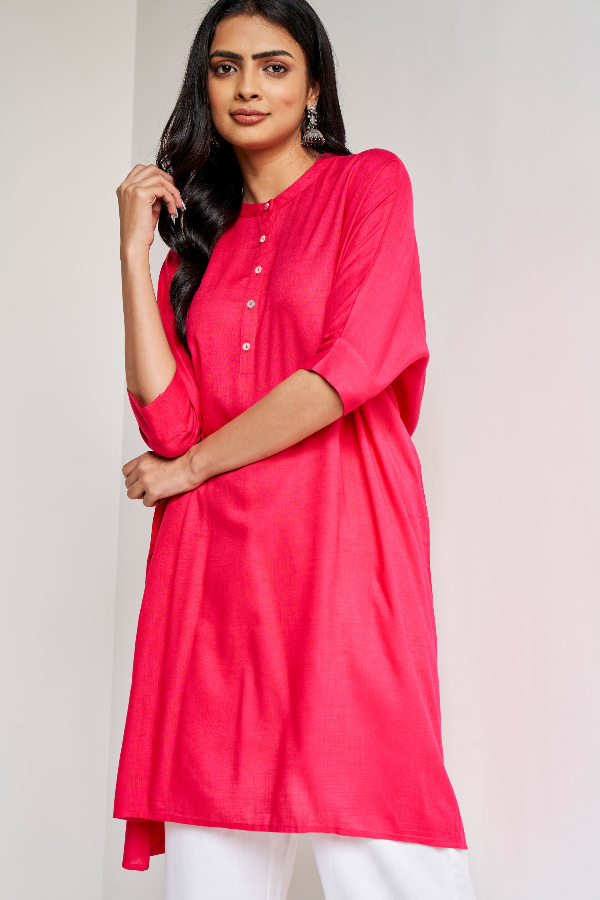 Pink Solid Curved Kurta, Pink, image 4
