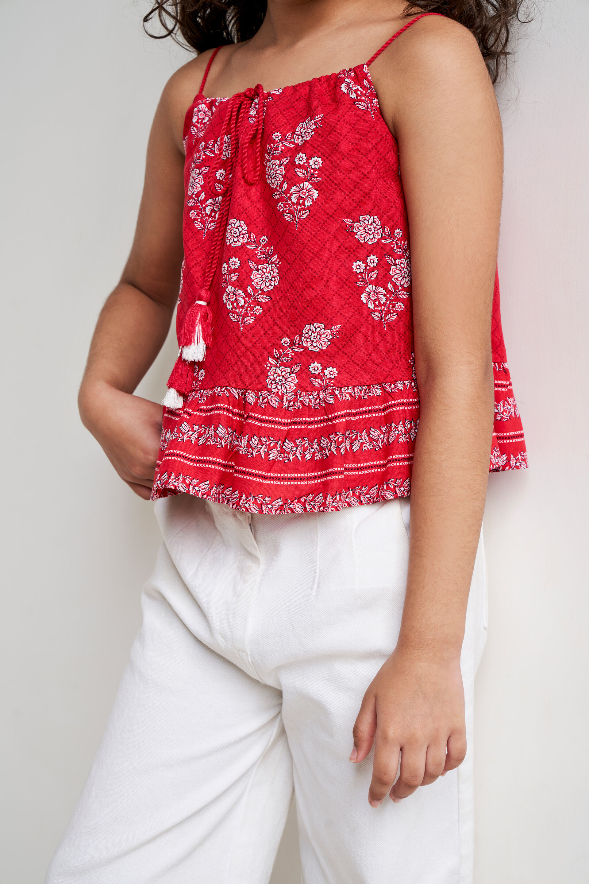 Red Floral Tassel Peplum Top, Red, image 5