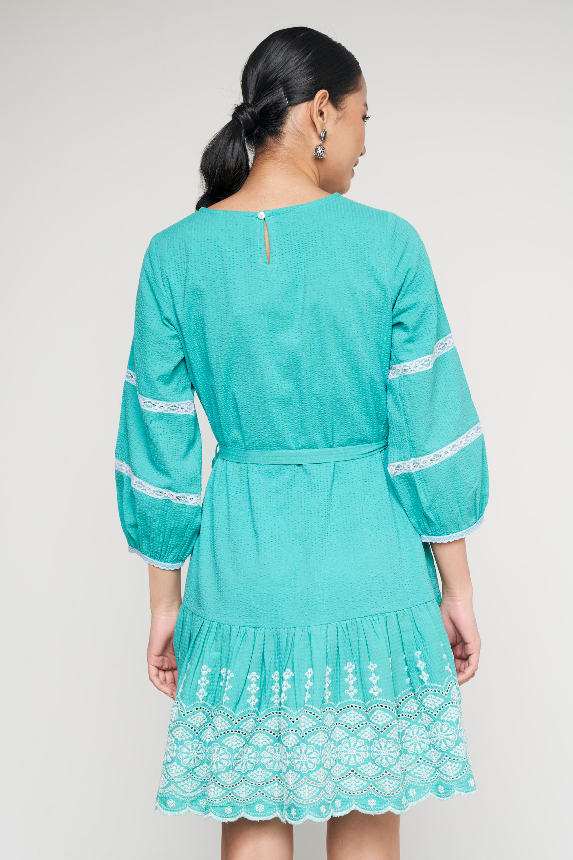 Aqua Solid Tie-Ups Fit And Flare Dress, Aqua, image 4