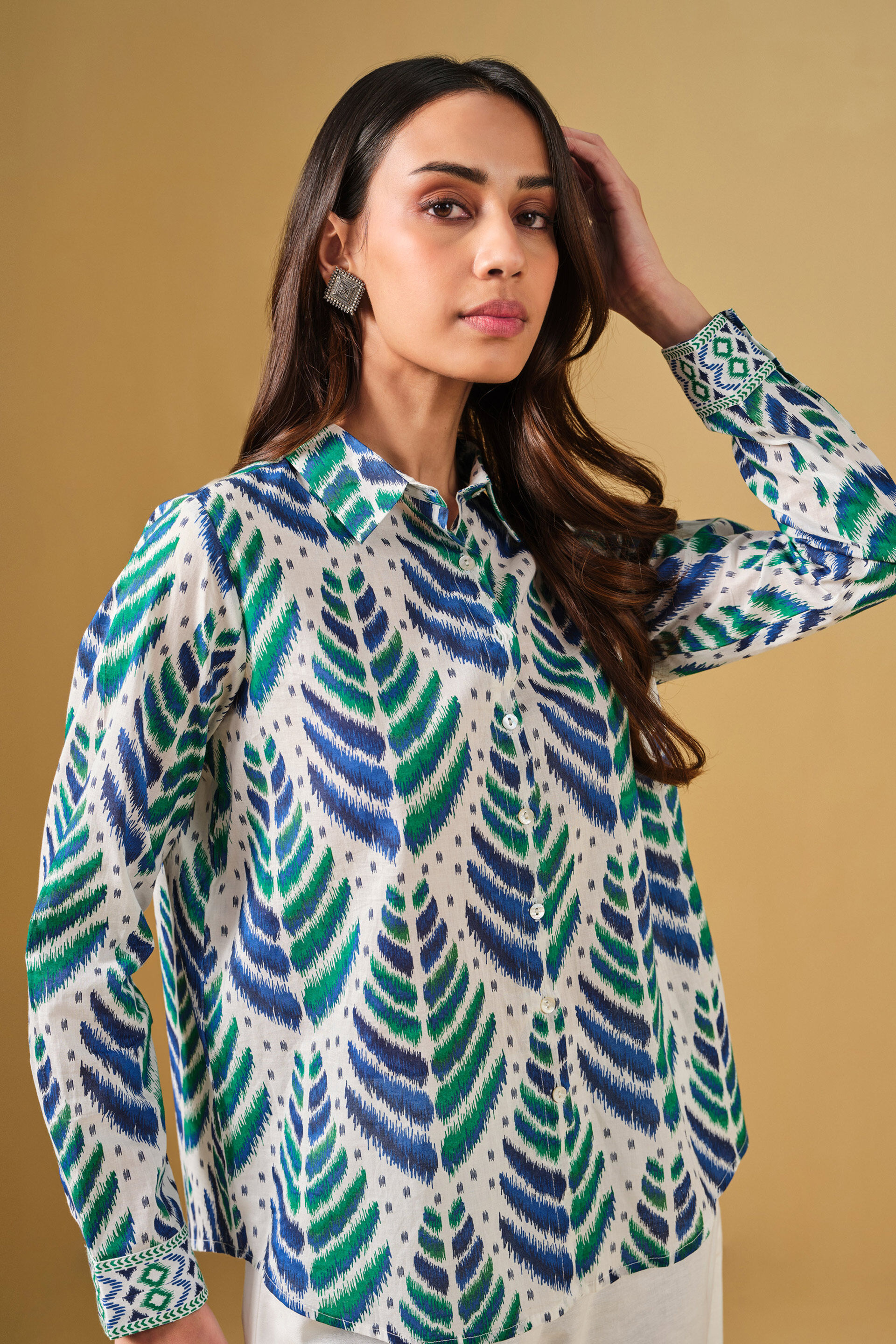 Ikat Inspired Cotton Shirt, White, image 4