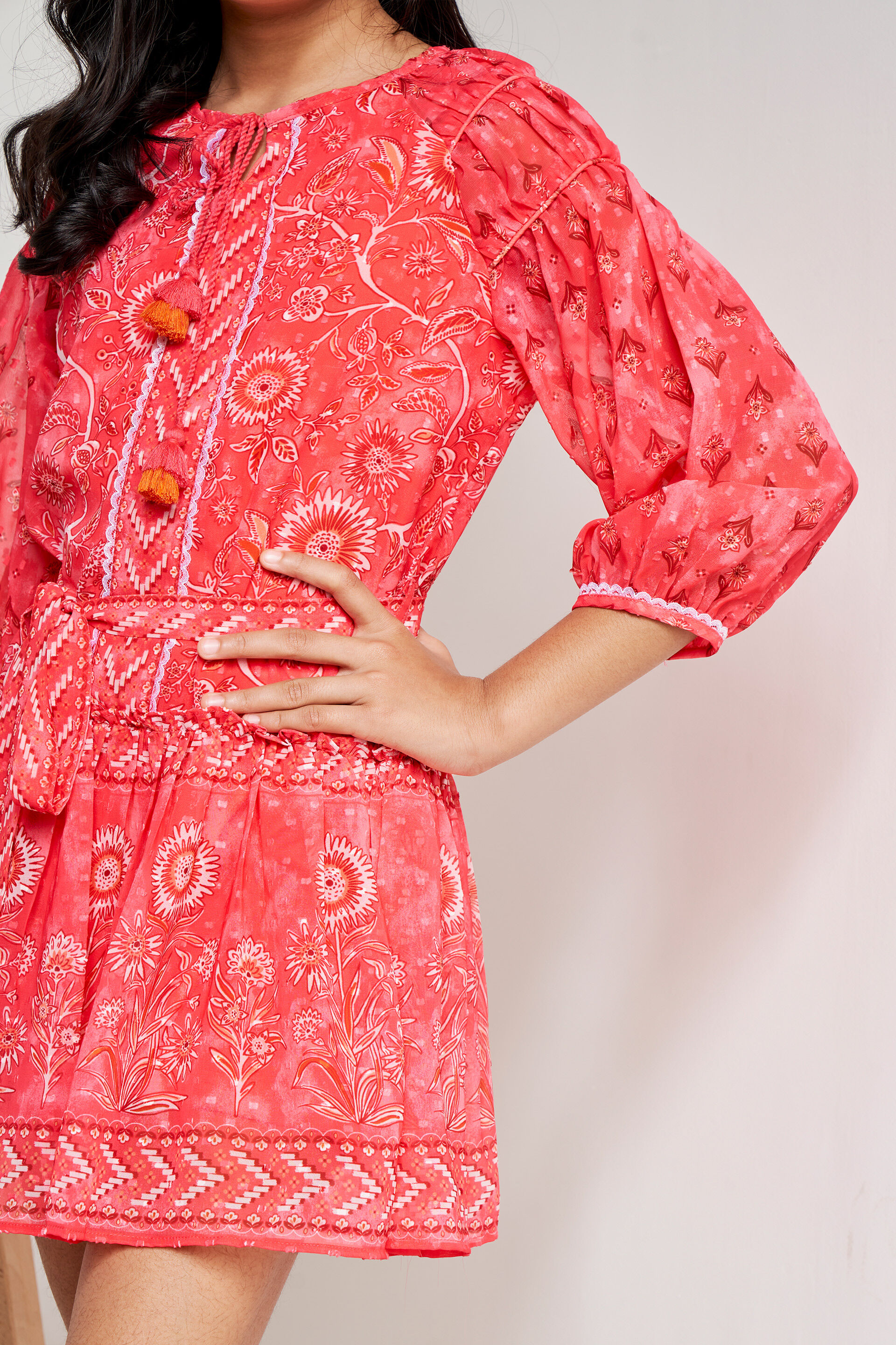 Pink Floral Tie-Ups Fit And Flare Dress, Pink, image 6