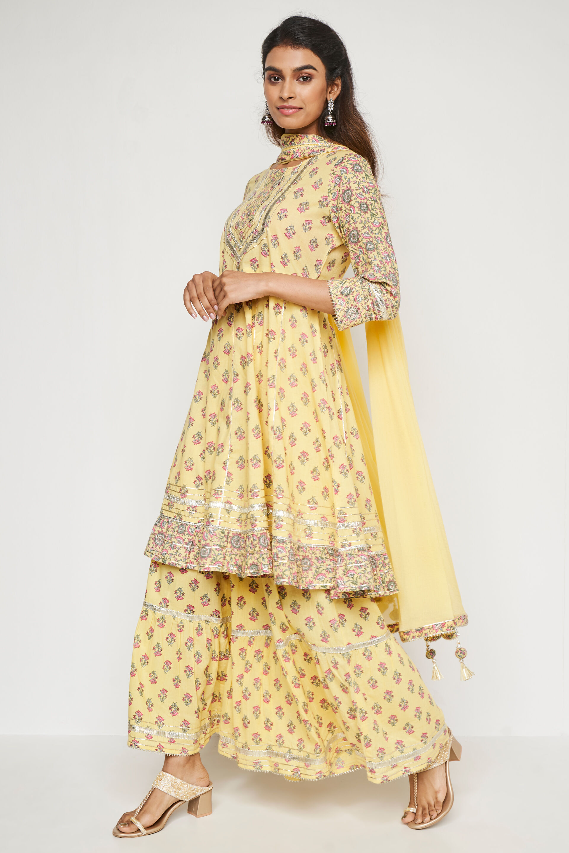 Yellow Ethnic Motifs Flared Suit, Yellow, image 4