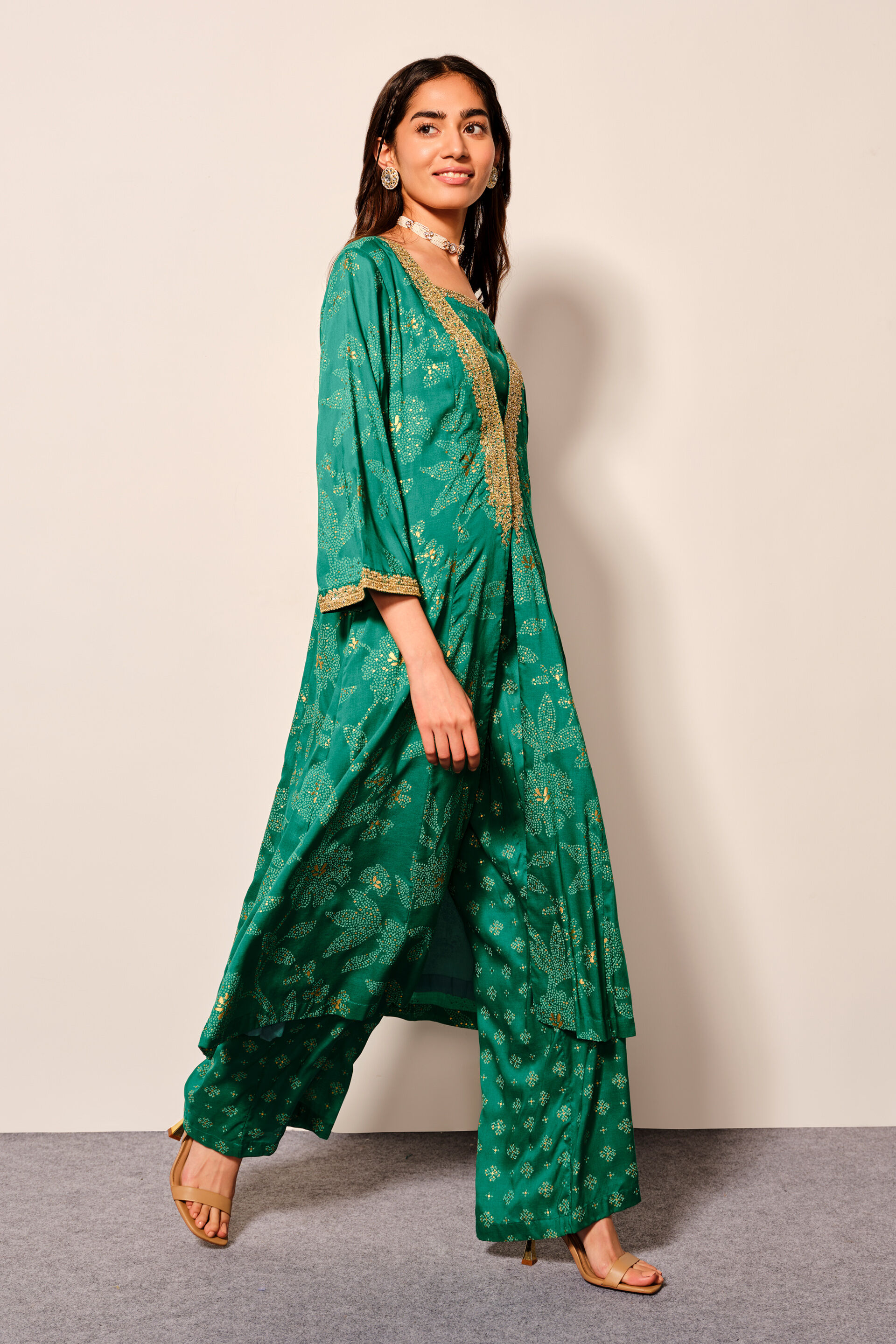 Green Jacket-Style Viscose Kurta Set In Leafy Print, Green, image 5