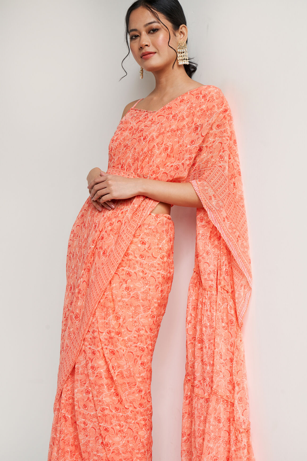Coral Ethnic Motifs Curved St Saree, Coral, image 2