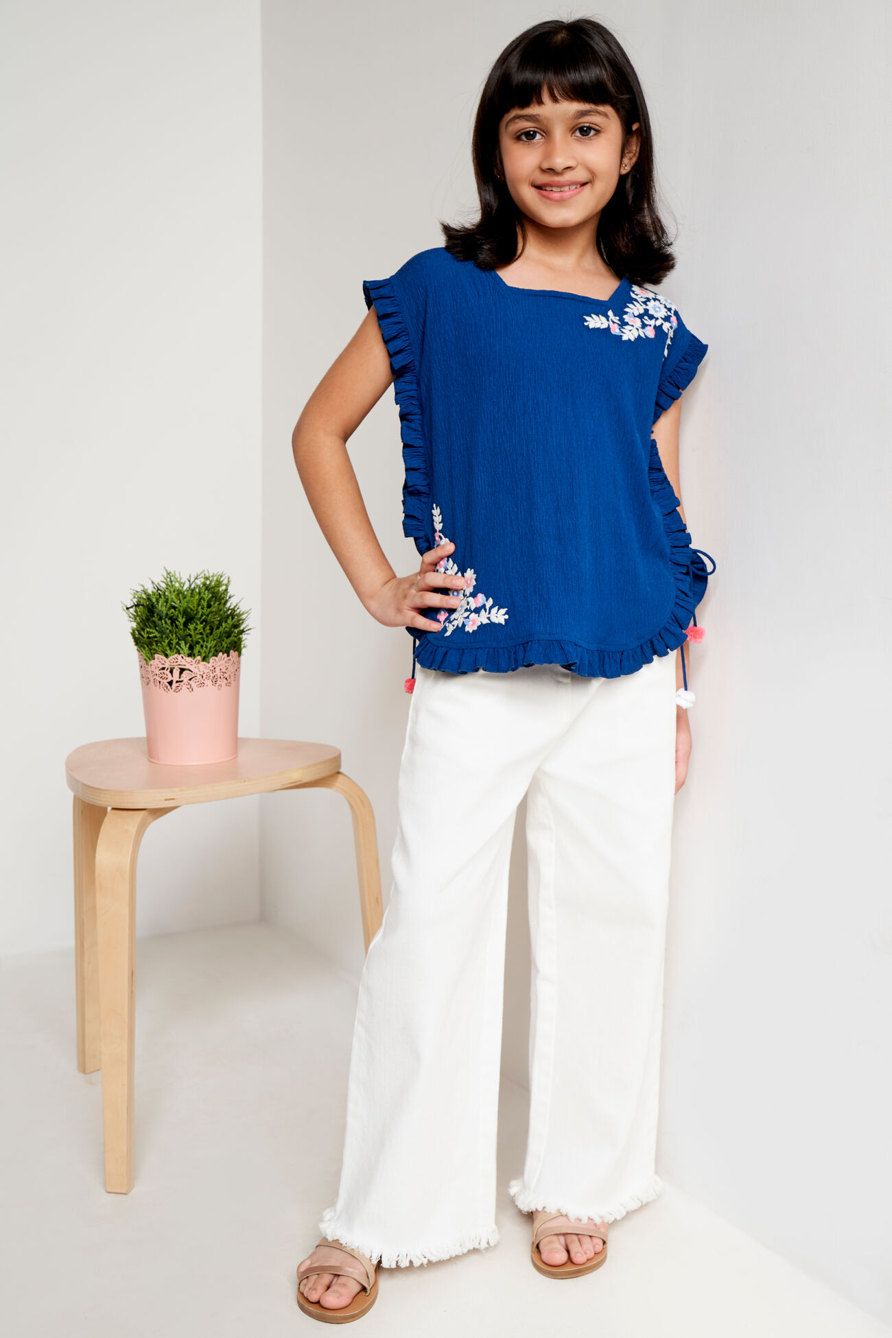 Solid Embroidered Fit And Flare Top, Navy Blue, image 1