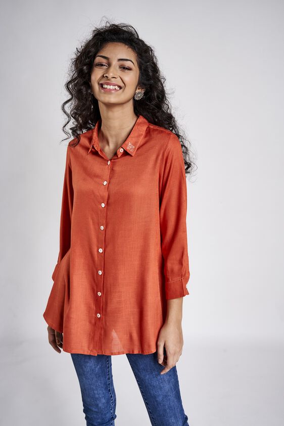 1 - Burnt Orange Solid Embroidered Shirt Style Top, image 1