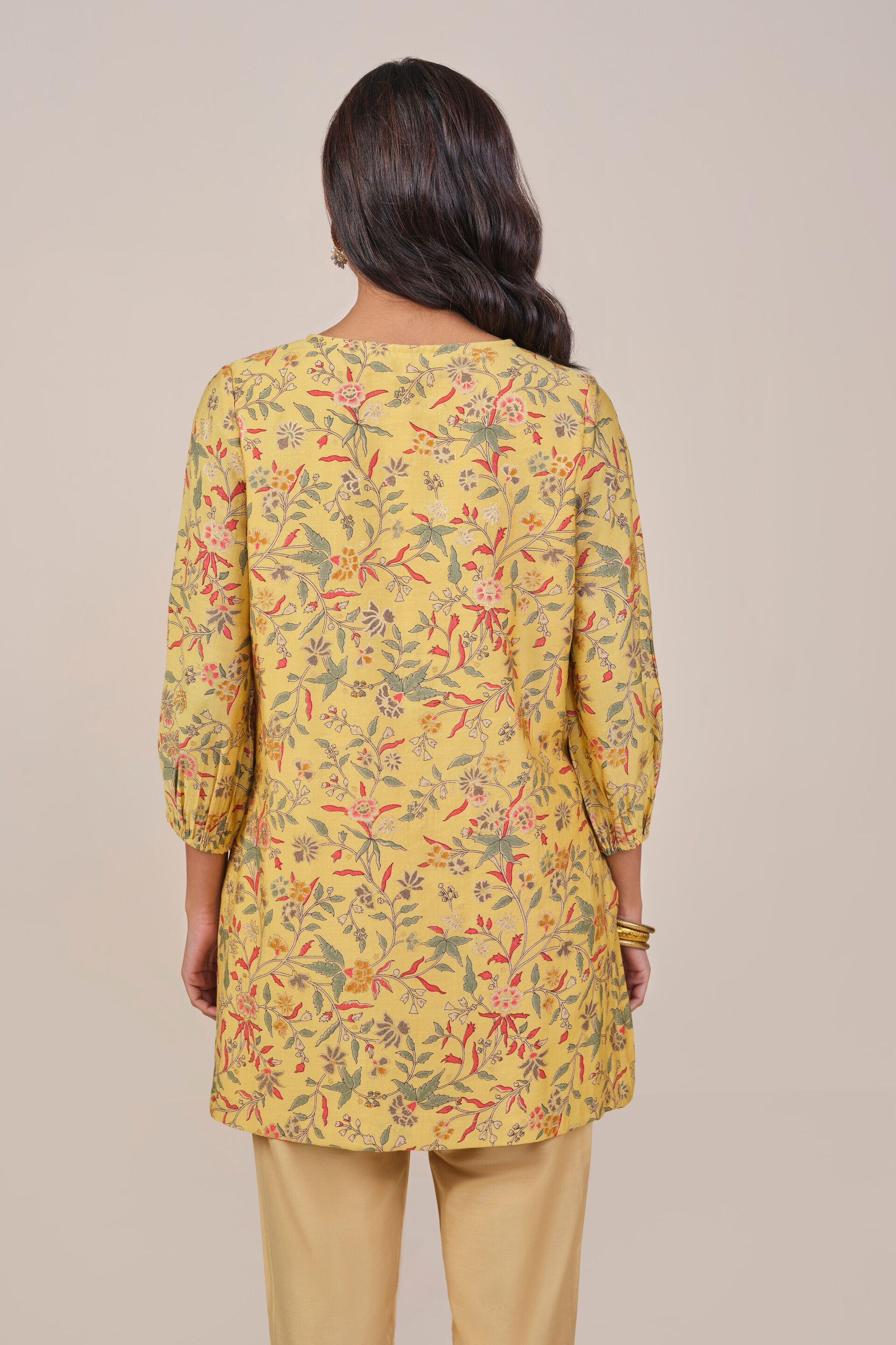Yellow Floral Print Tasseled Top, Yellow, image 4