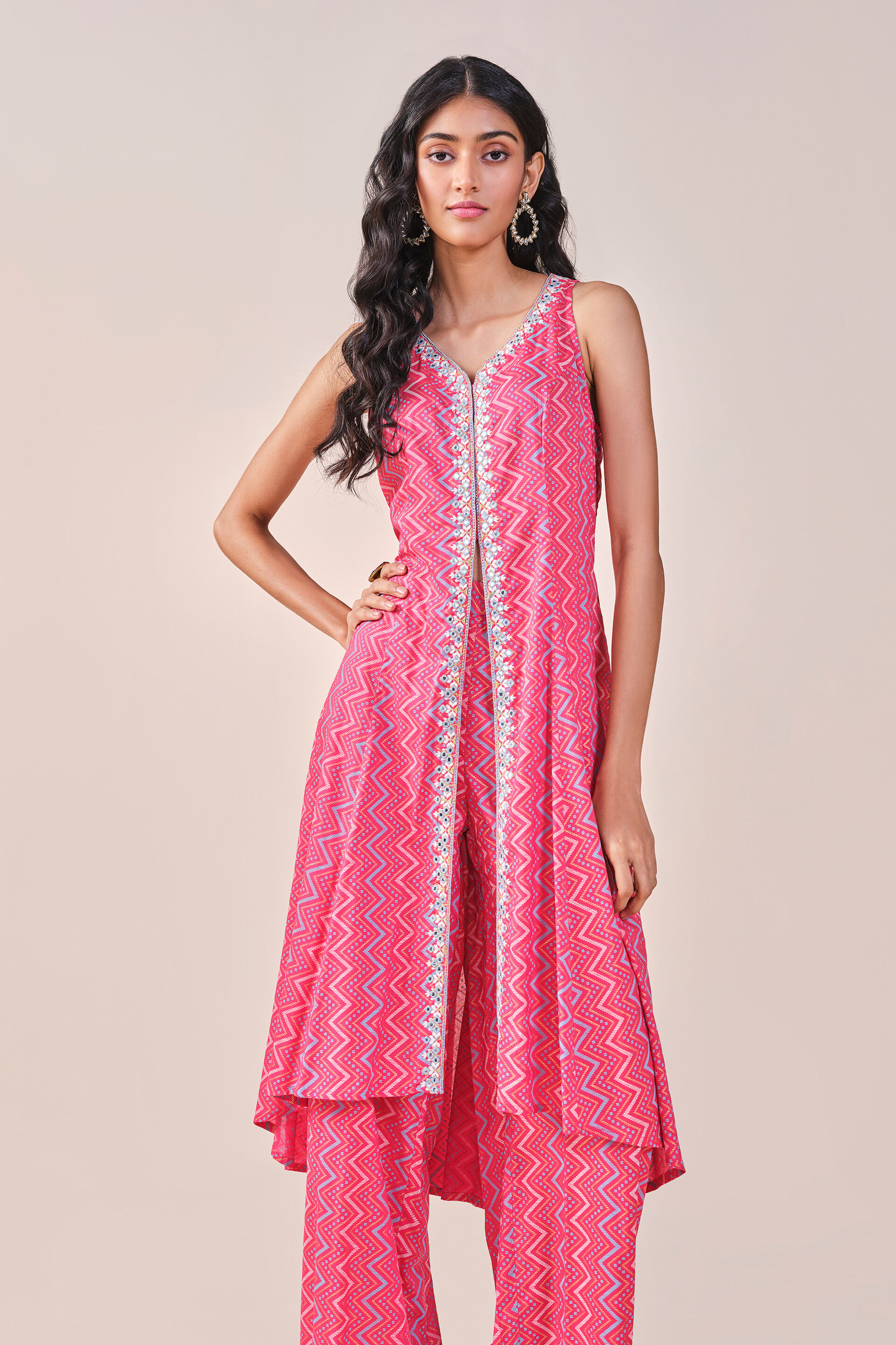 Pink Chevron Print Viscose Kurta Set, Pink, image 12