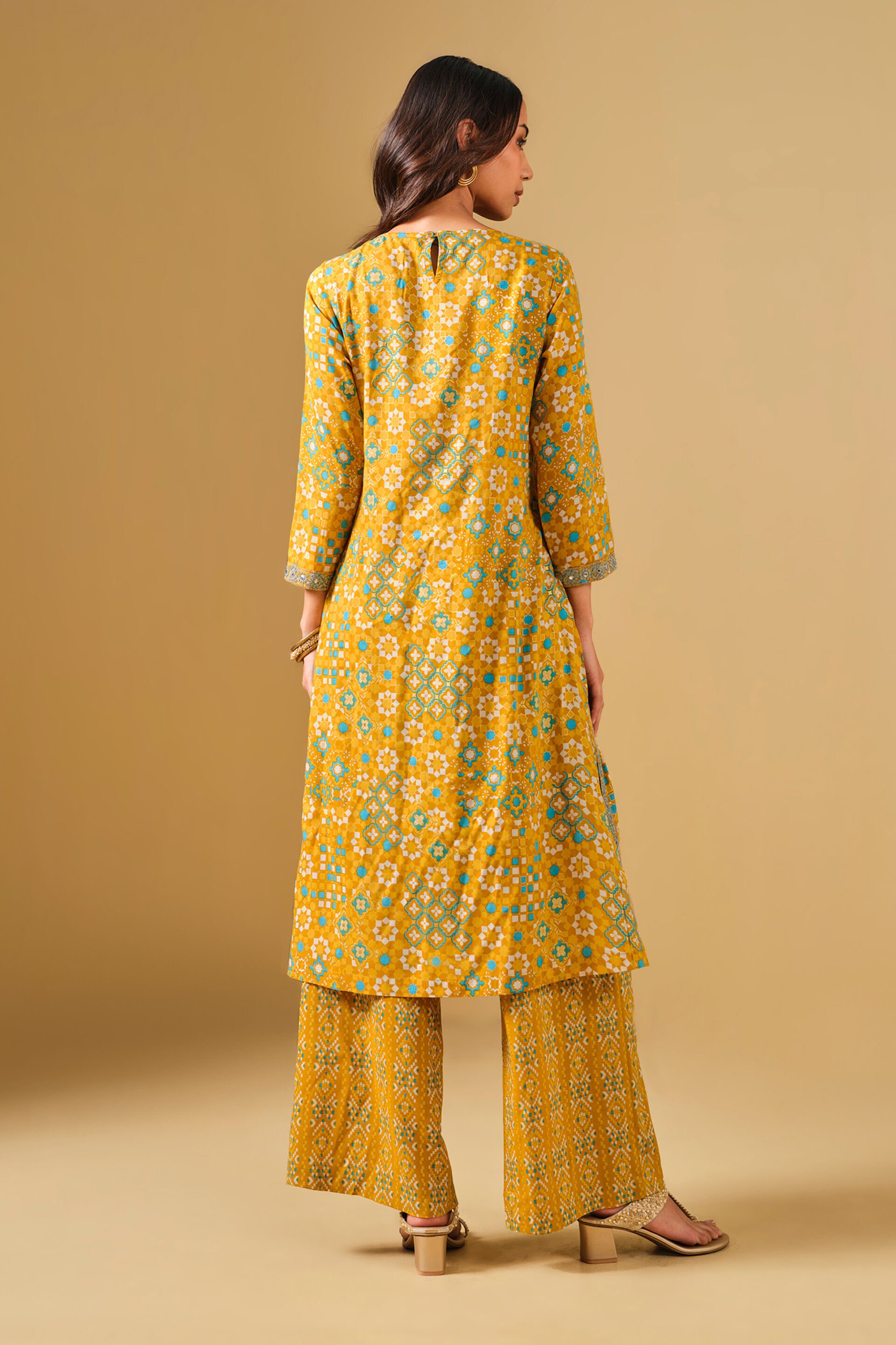 Embroidered Yellow Viscose Kurta Set, Mustard, image 6