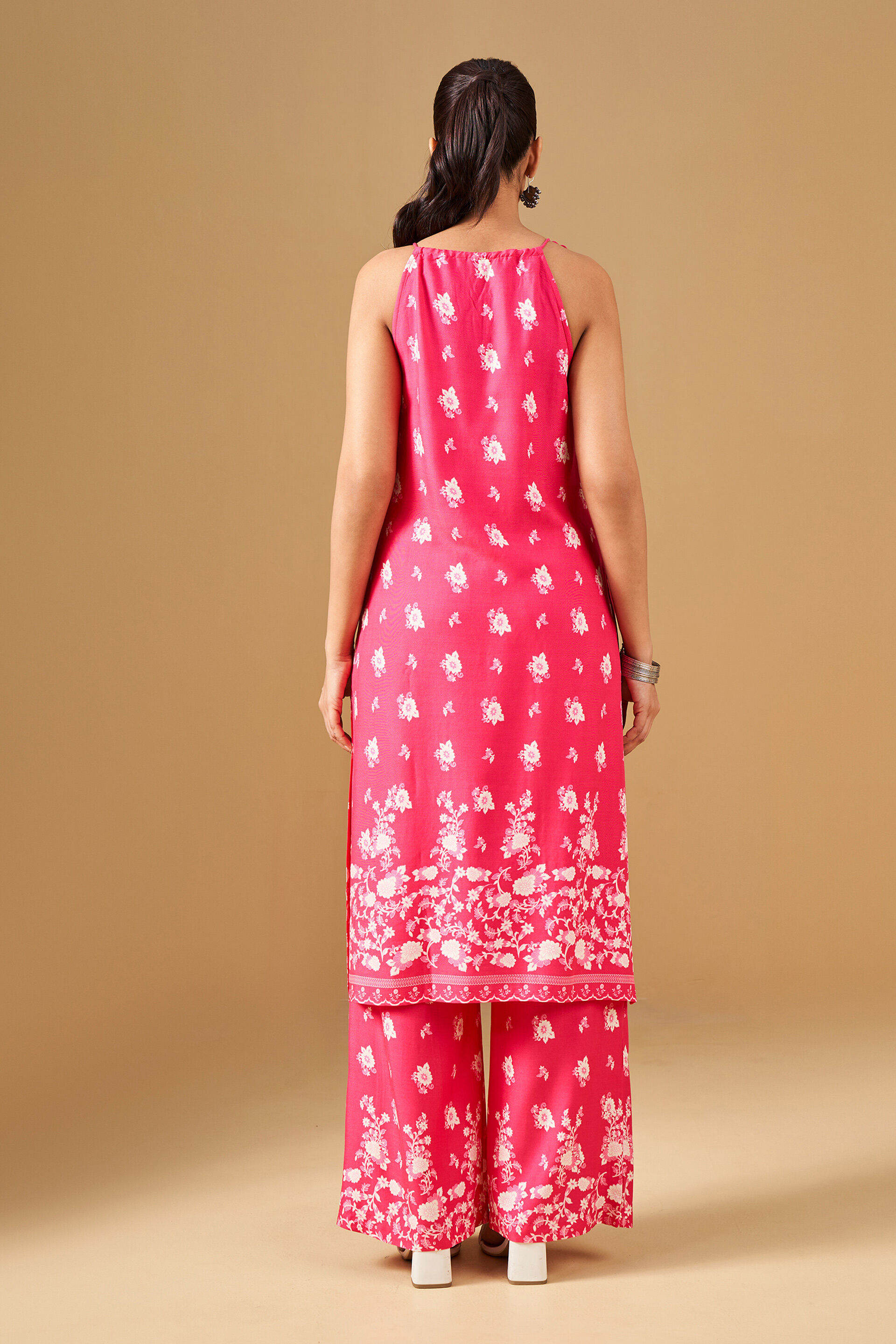 Floral Print Pink Viscose Kurta Set, Pink, image 3