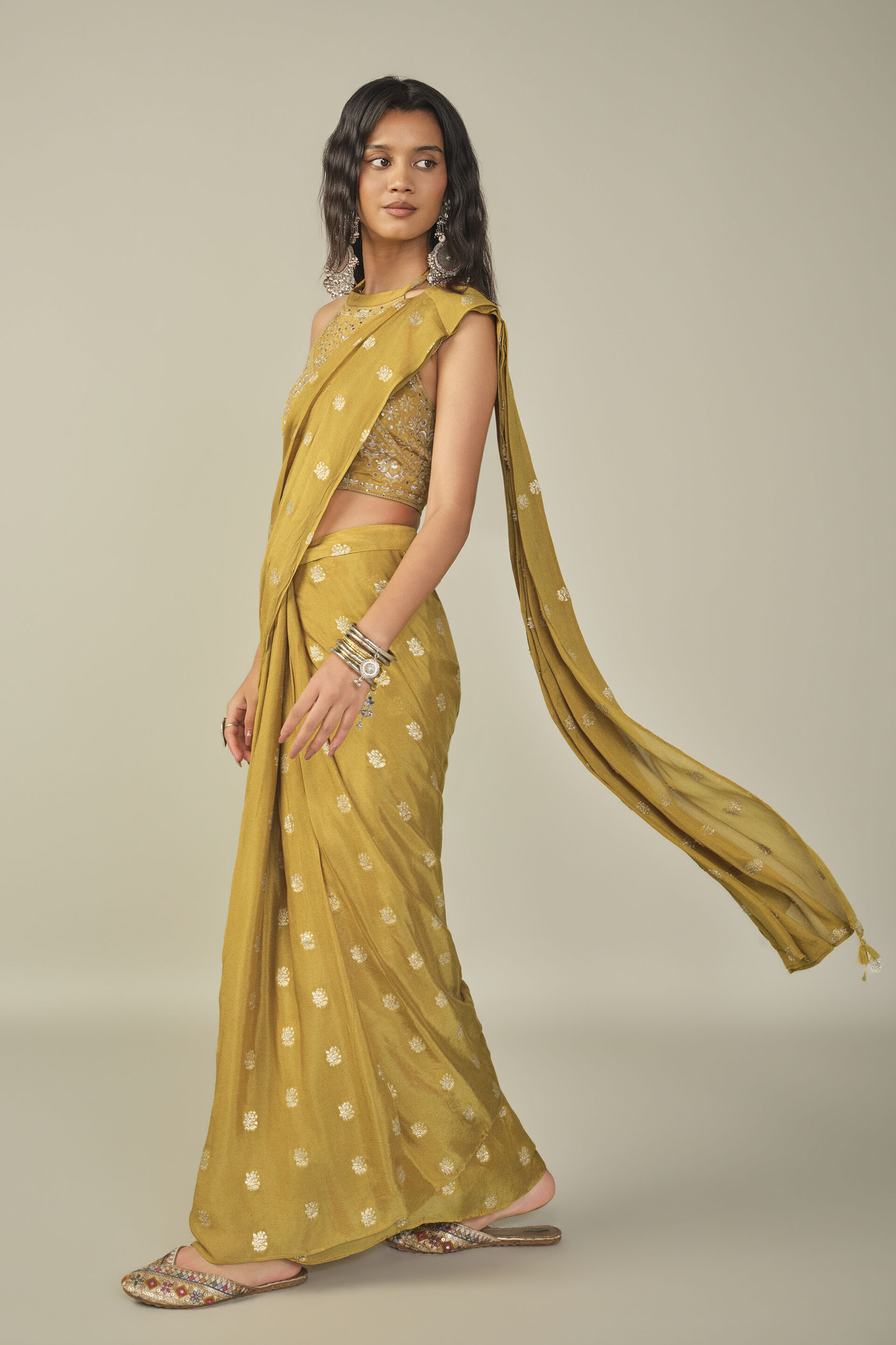 Embroidered Pre-stitched Saree in Yellow, Yellow, image 5