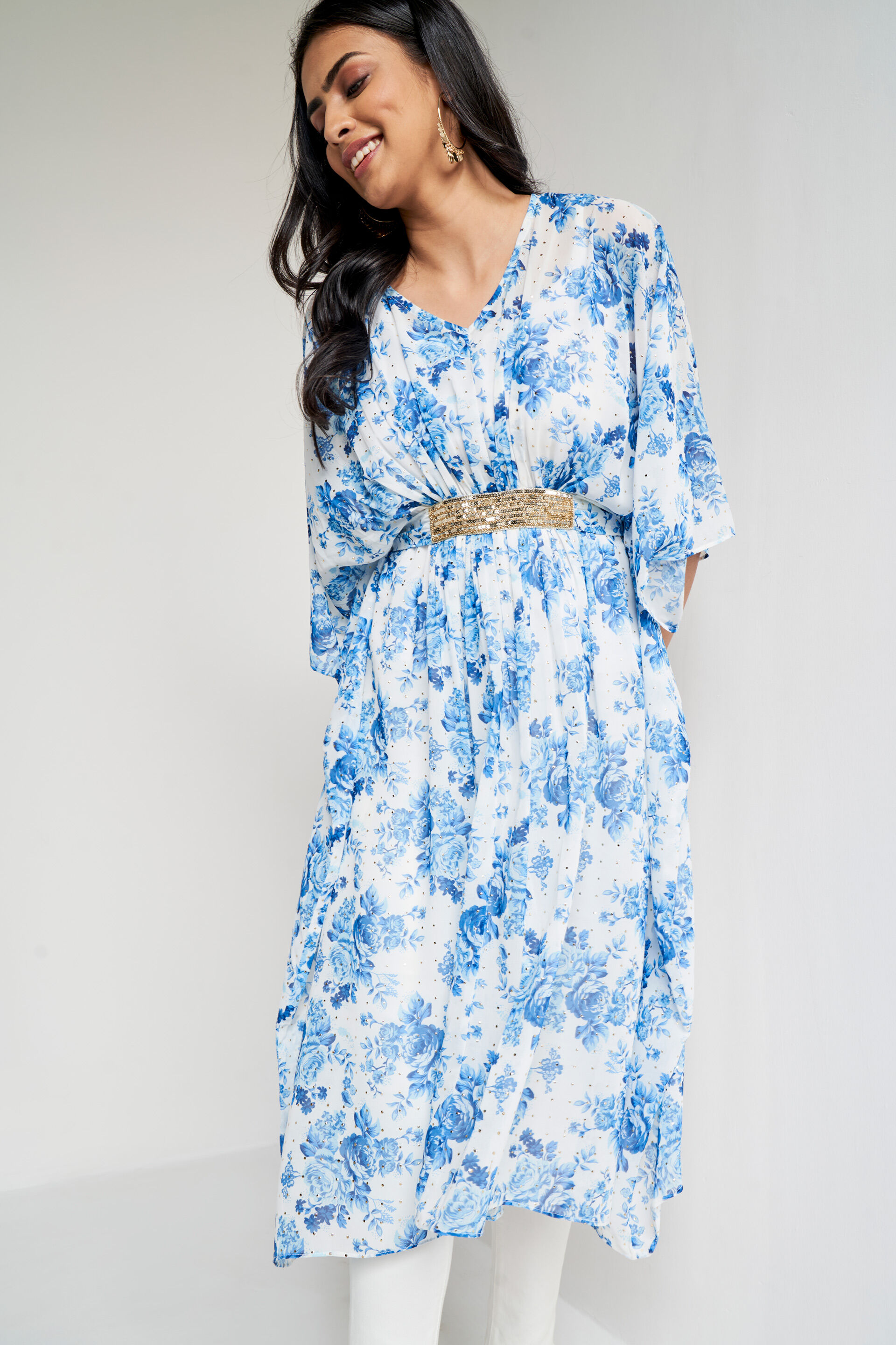 White Floral Asymmetric Gown, White, image 5