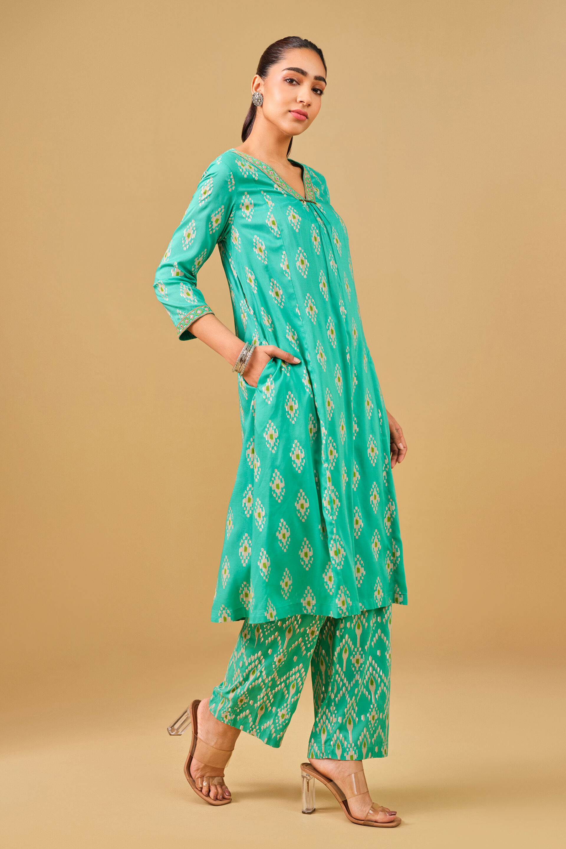 Ikat Inspired Aqua Kurta Set, Aqua, image 2