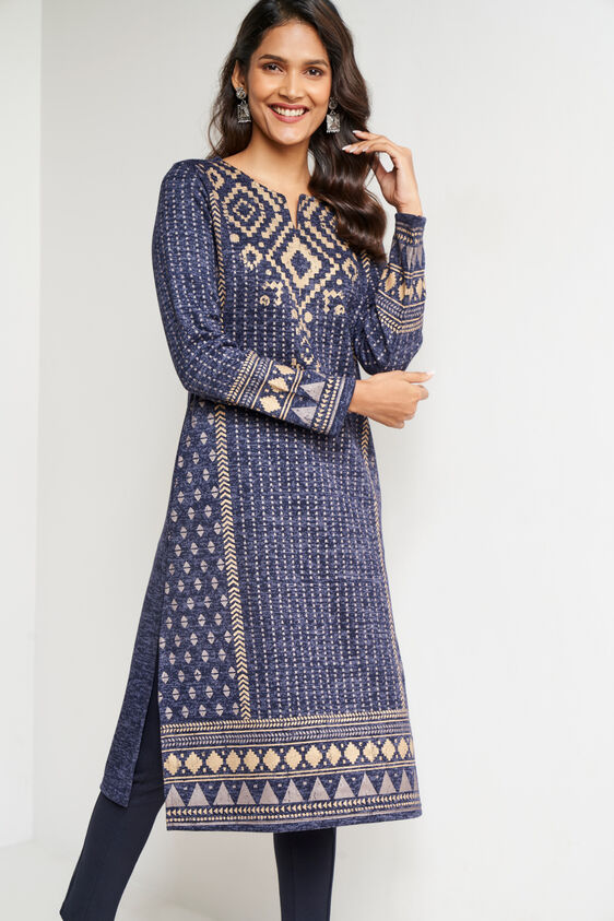 Navy Blue Foil Print Straight Slip-On Kurta, Navy Blue, image 2