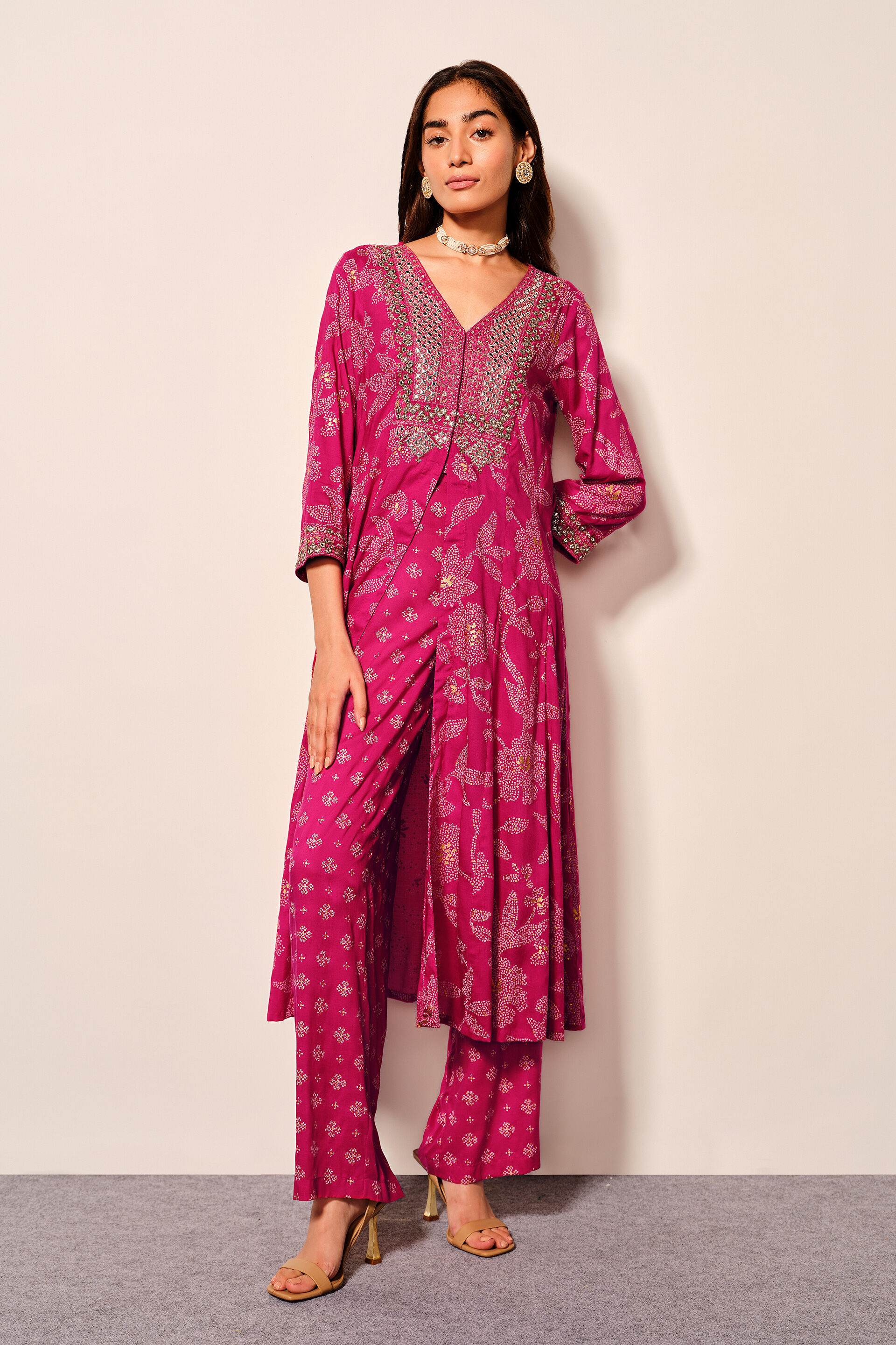 Pink Jacket-Style Viscose Kurta set In Leafy Print, Pink, image 2