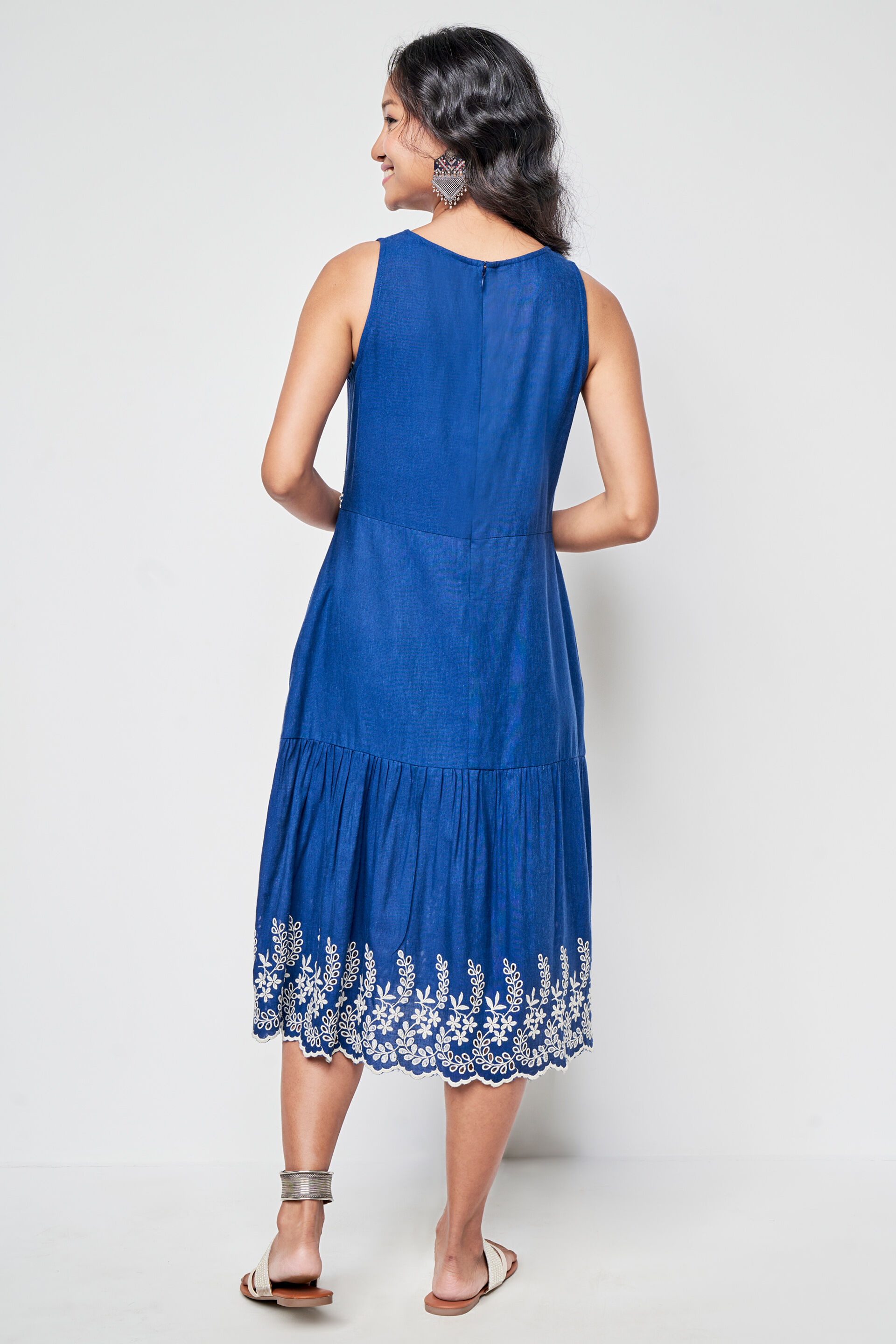 Dark Blue Solid Embroidered Fit And Flare Dress, Dark Blue, image 7