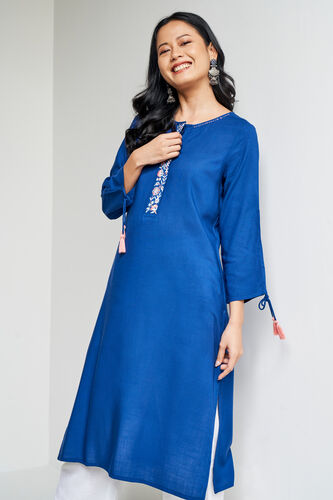 Navy Solid Embroidered Straight Kurta, Navy Blue, image 4