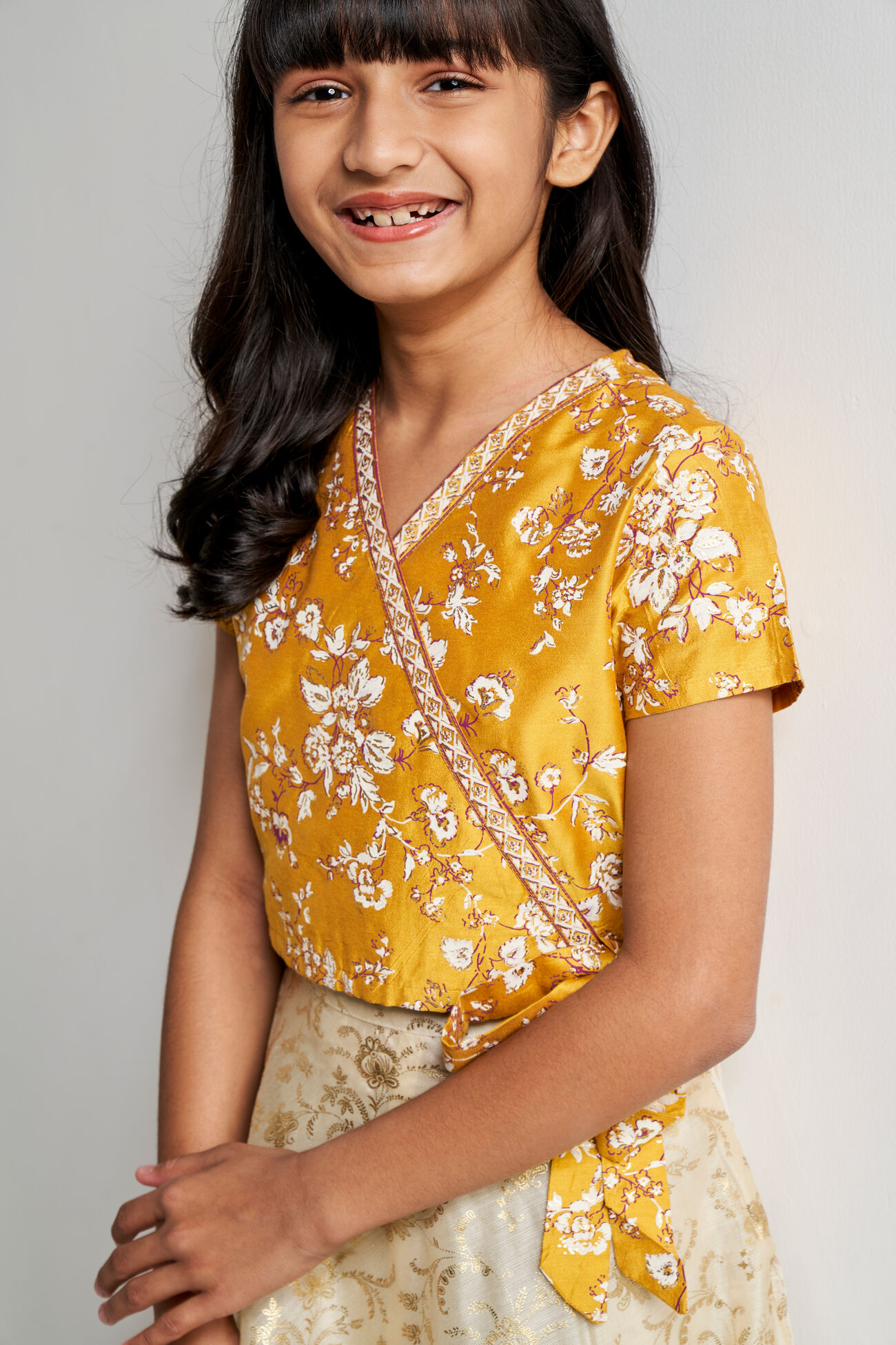 Mustard Ethnic Motifs Tie-Ups Straight Top, Mustard, image 5
