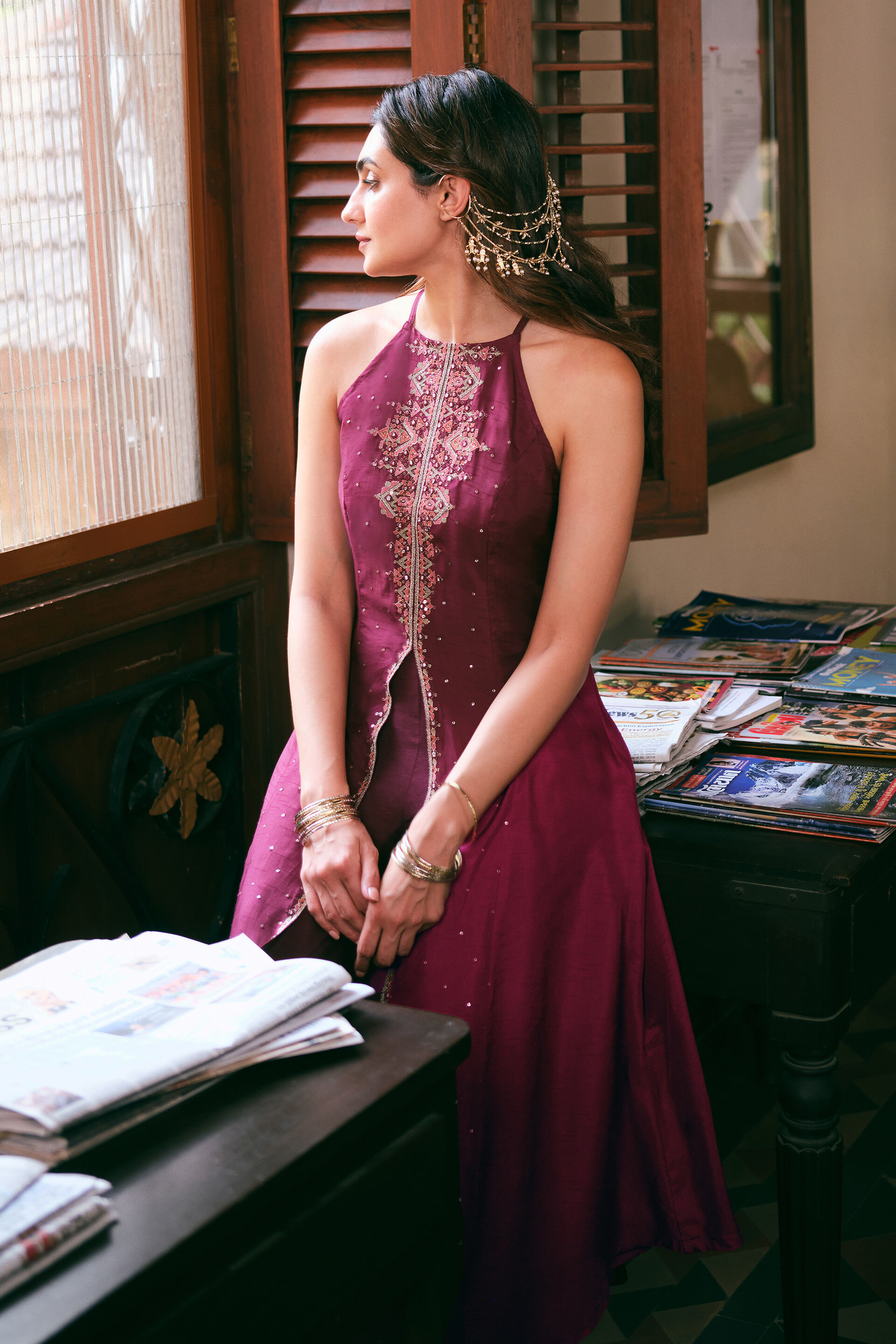 Solid A-line Kurta Set in Wine, Wine, image 4