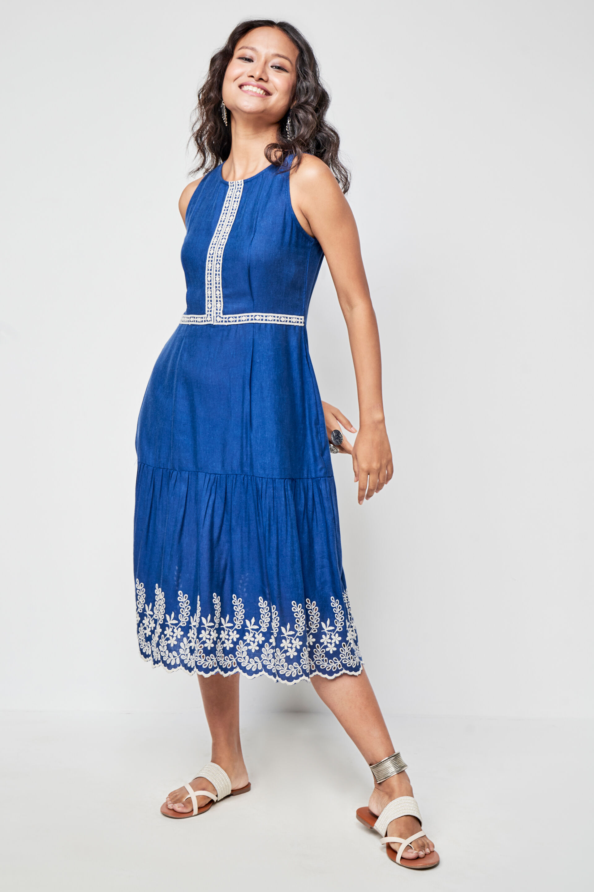 Dark Blue Solid Embroidered Fit And Flare Dress, Dark Blue, image 3