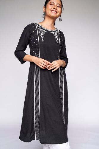 2 - Black Embroidered Fit and Flare Kurta, image 2