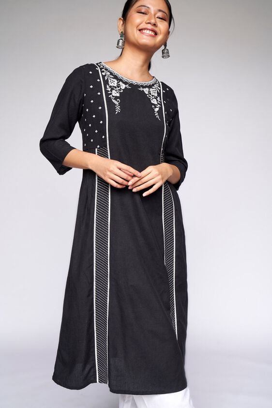 2 - Black Embroidered Fit and Flare Kurta, image 2