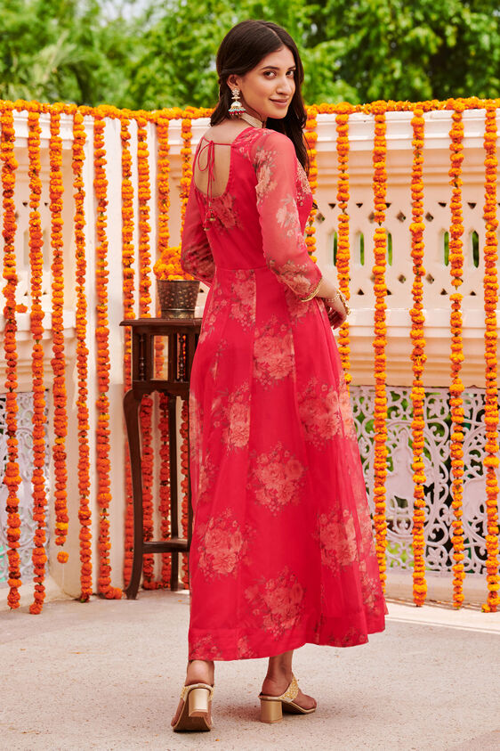 Red Floral Flared Gown, Red, image 3