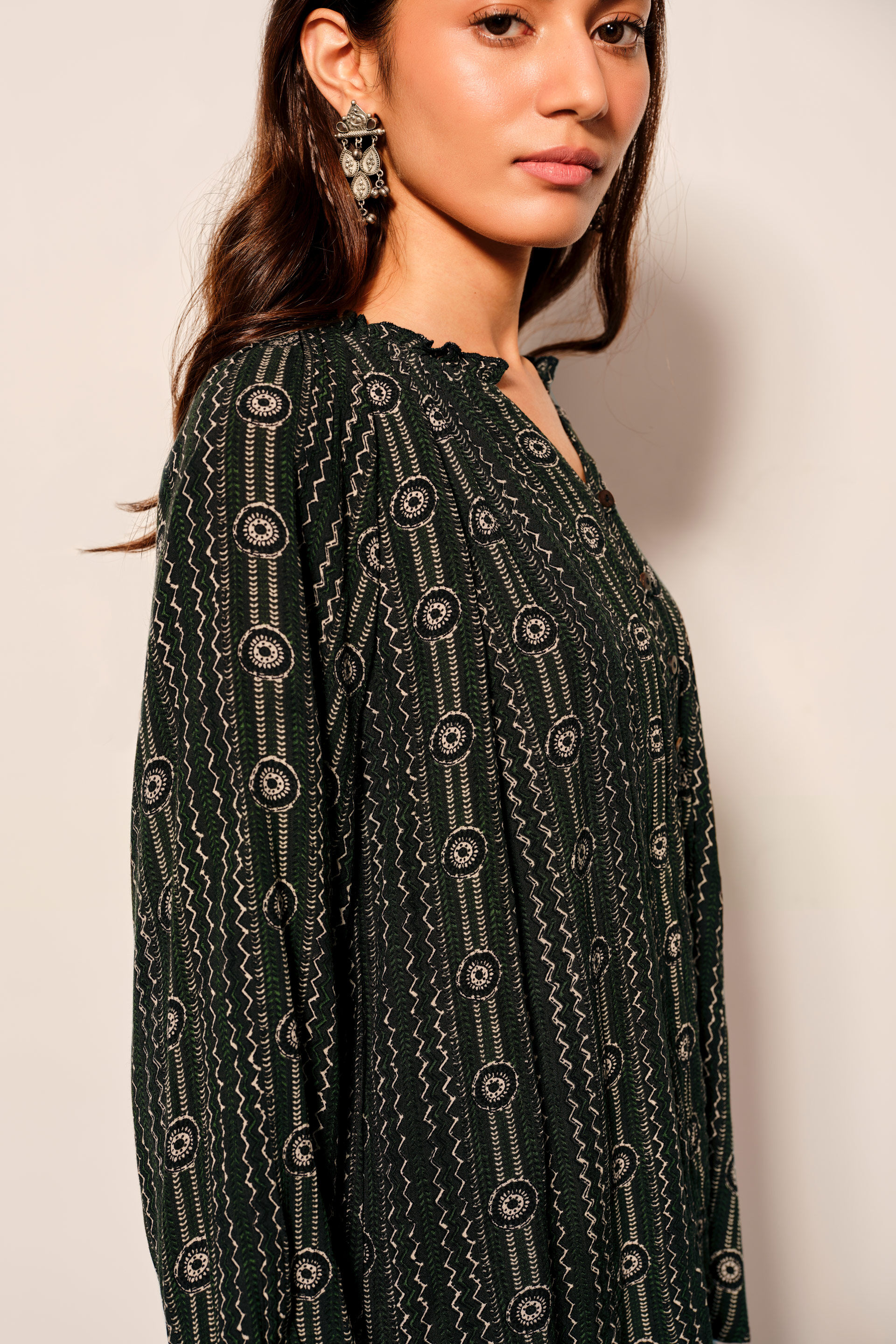 Deep Green Striped Printed Viscose Top, Green, image 5