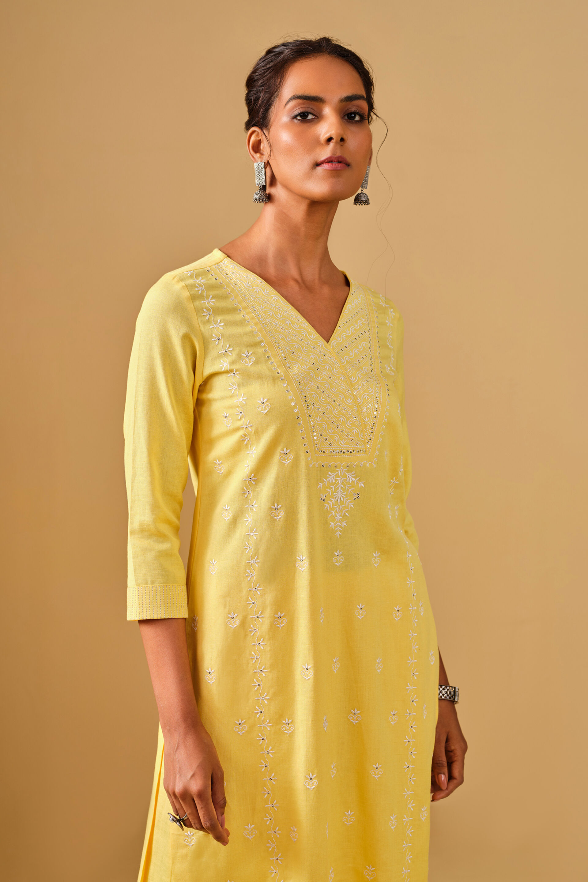 Bright Yellow Embroidered Kurta Set, Yellow, image 6