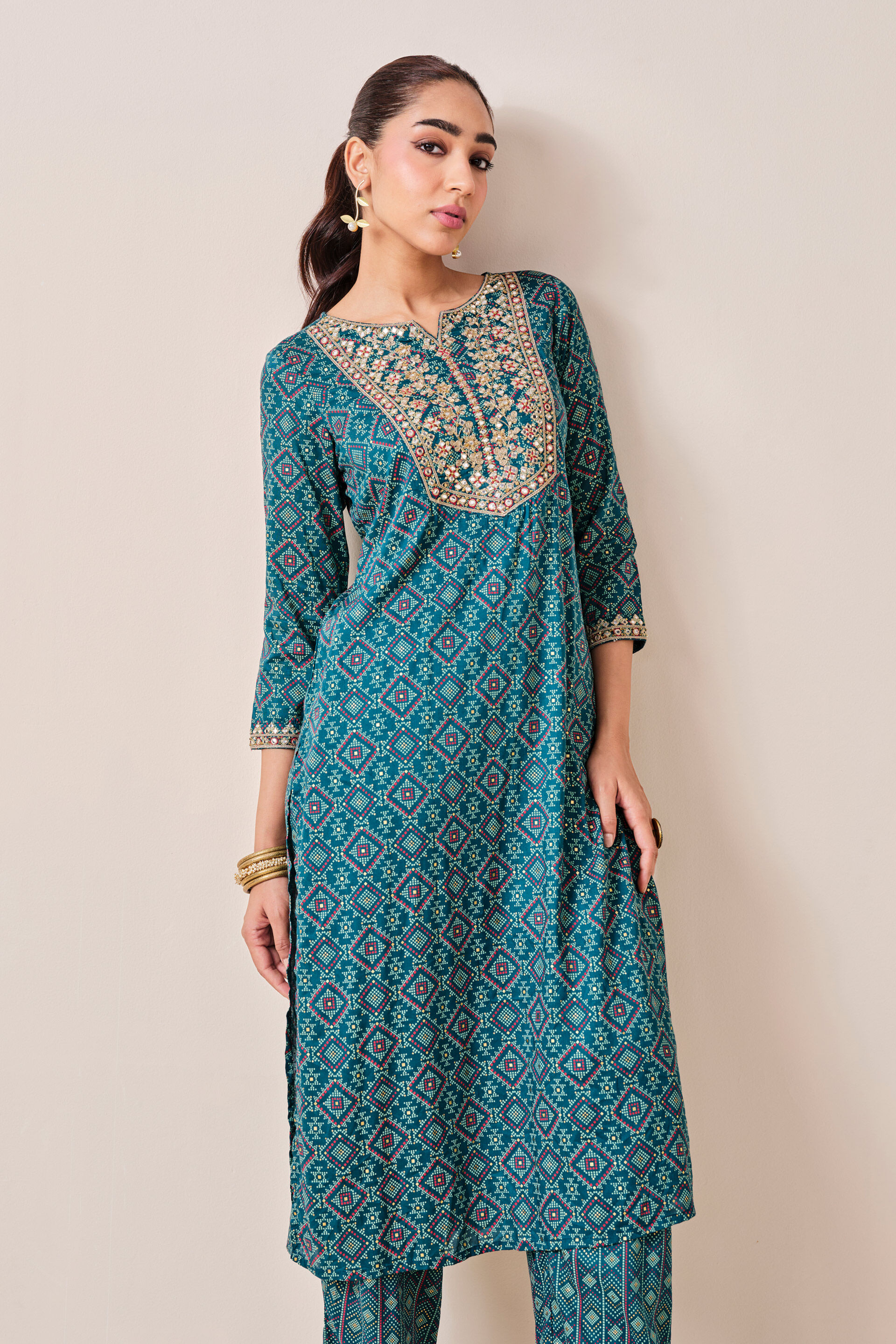 Teal Embroidered Viscose Kurta Set, Teal, image 7
