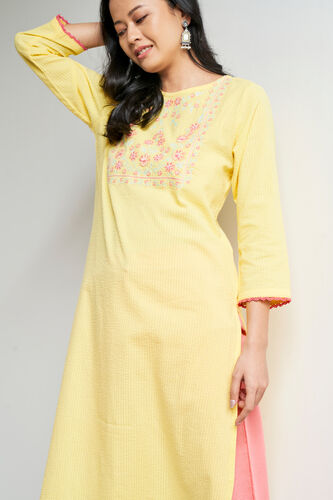 Yellow Solid Embroidered Straight Kurta, Yellow, image 3